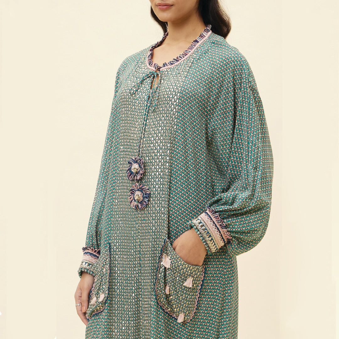 BEIGE BUTTI PRINT EMBELLISHED LONG TUNIC TEAMED WITH PRINTED PANTS