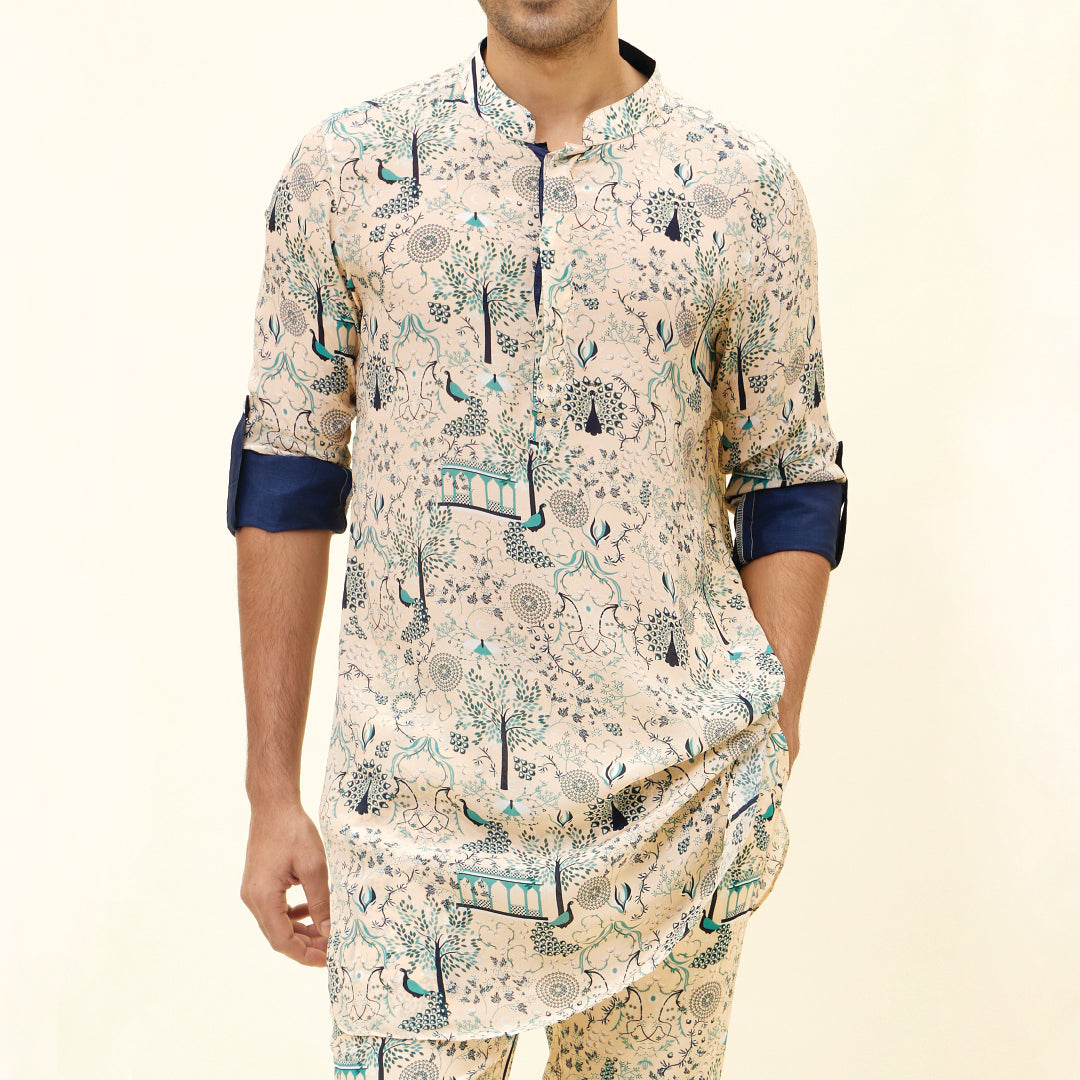 BEIGE MOR JAAL SHORT SHIRT STYLE KURTA WITH BEIGE MOR JAAL PANTS