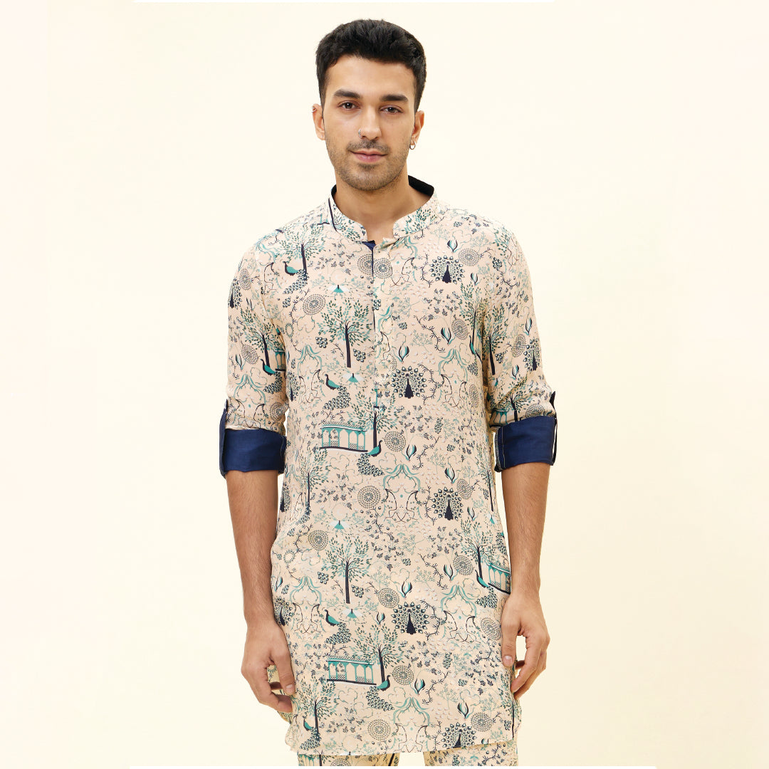 BEIGE MOR JAAL SHORT SHIRT STYLE KURTA WITH BEIGE MOR JAAL PANTS