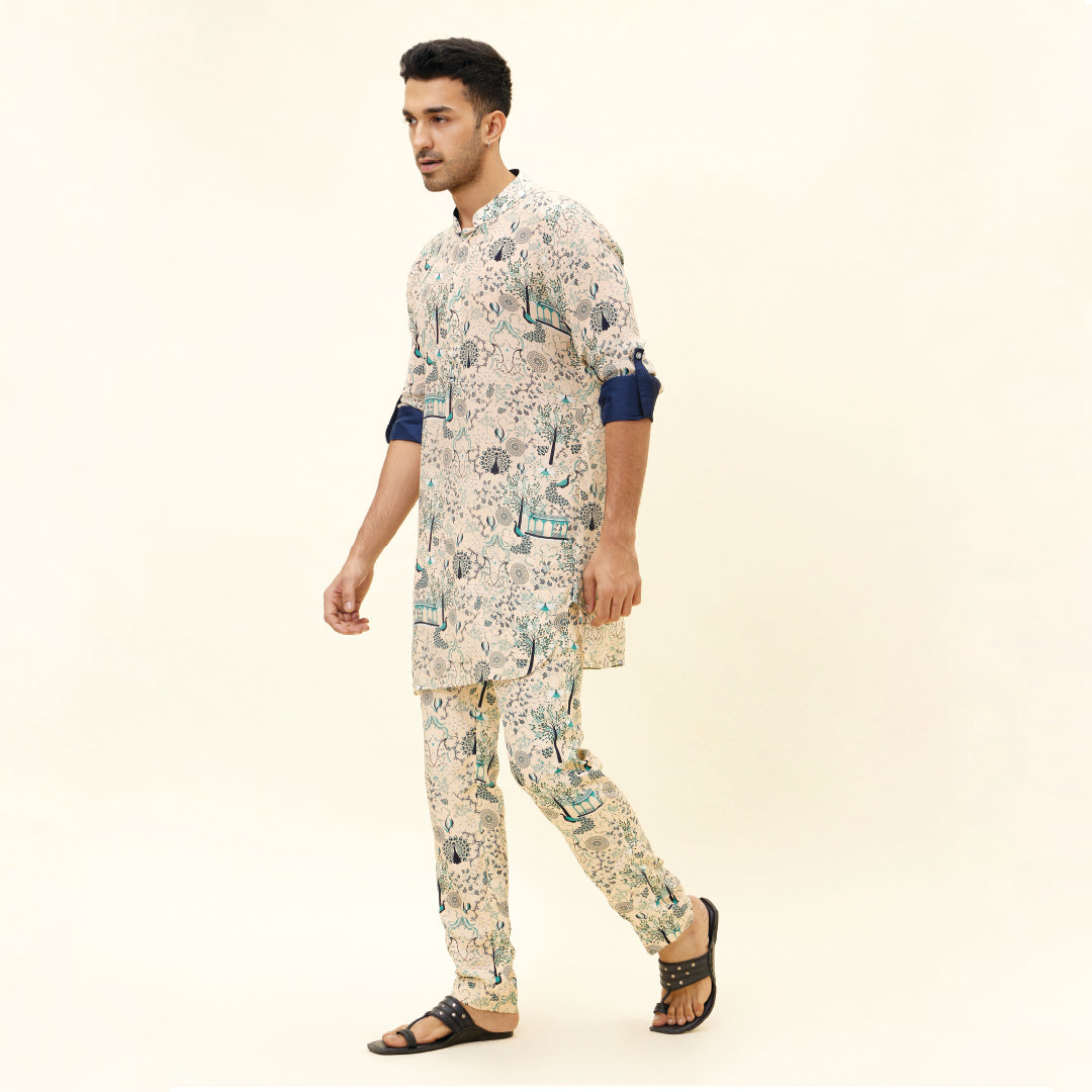 BEIGE MOR JAAL SHORT SHIRT STYLE KURTA WITH BEIGE MOR JAAL PANTS