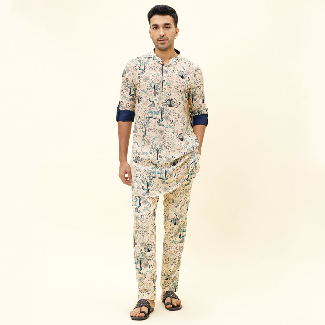 BEIGE MOR JAAL SHORT SHIRT STYLE KURTA WITH BEIGE MOR JAAL PANTS
