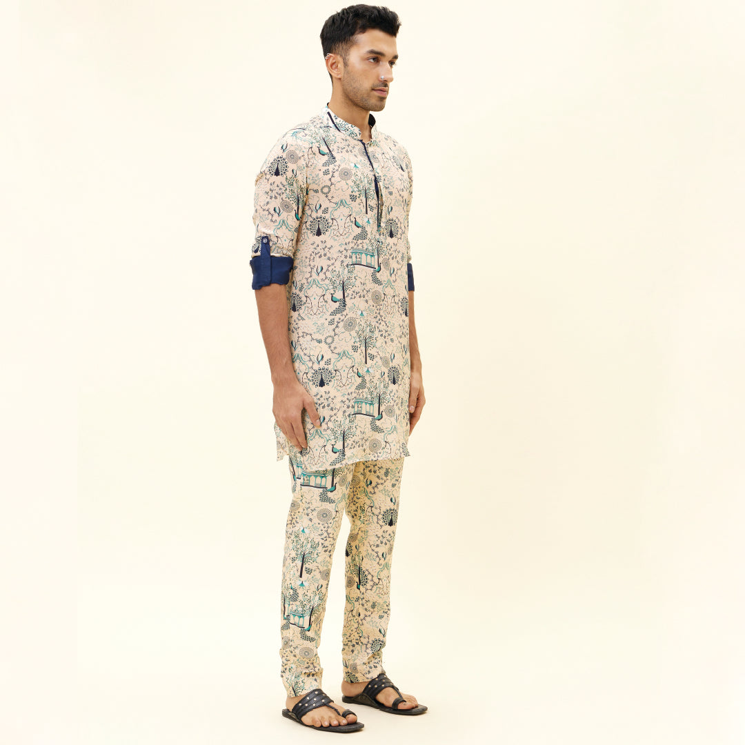 BEIGE MOR JAAL SHORT SHIRT STYLE KURTA WITH BEIGE MOR JAAL PANTS