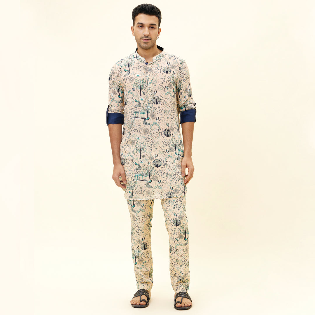 BEIGE MOR JAAL SHORT SHIRT STYLE KURTA WITH BEIGE MOR JAAL PANTS