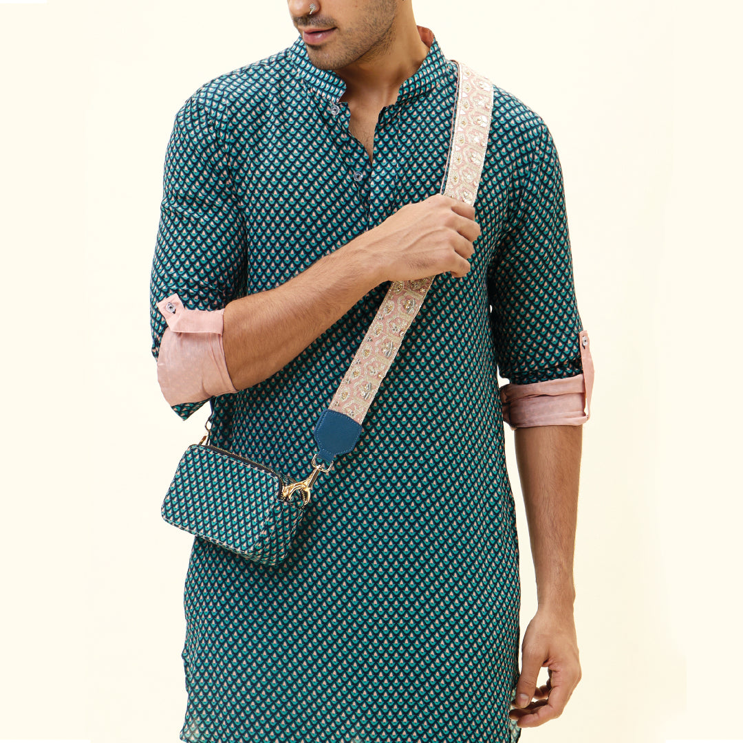 BLUE BUTTI PRINT SHORT SHIRT STYLE KURTA WITH ROLLED UP SLEEVES WITH PANTS