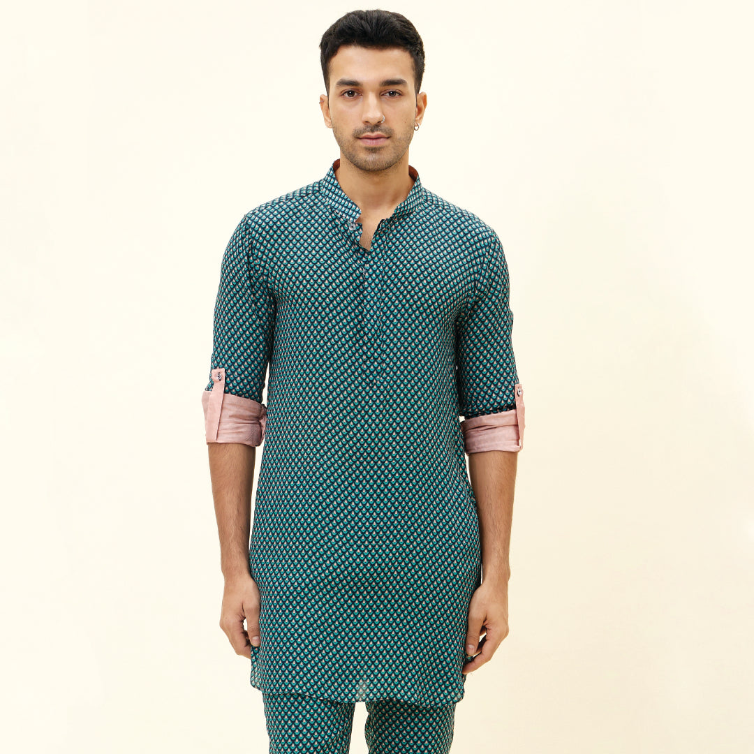 BLUE BUTTI PRINT SHORT SHIRT STYLE KURTA WITH ROLLED UP SLEEVES WITH PANTS