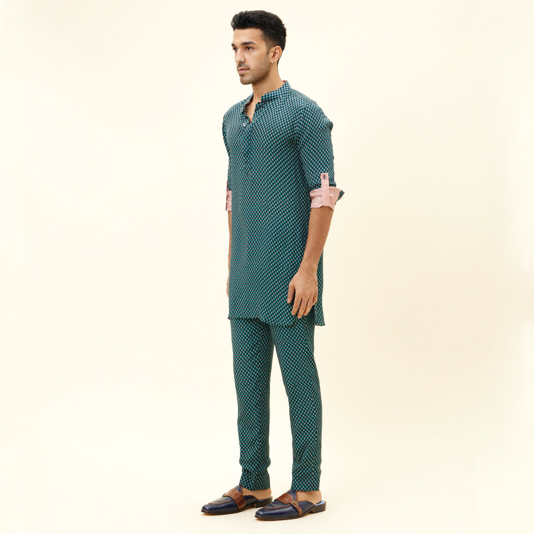 BLUE BUTTI PRINT SHORT SHIRT STYLE KURTA WITH ROLLED UP SLEEVES WITH PANTS
