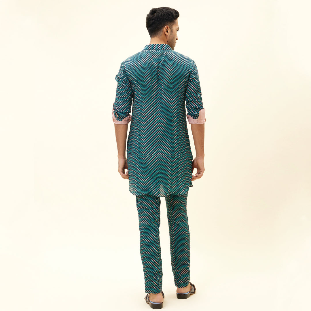 BLUE BUTTI PRINT SHORT SHIRT STYLE KURTA WITH ROLLED UP SLEEVES WITH PANTS