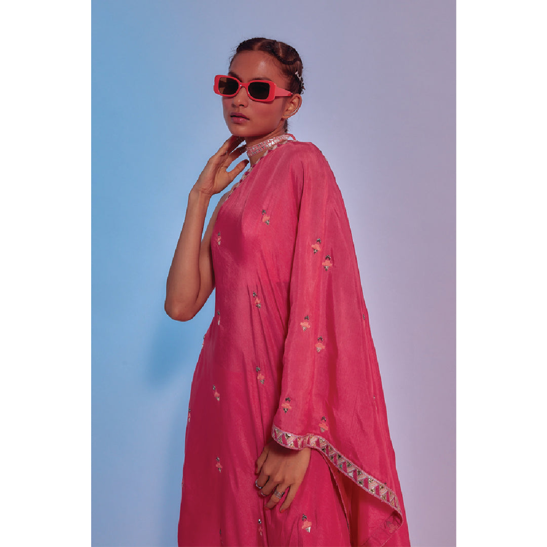 Coral one shoulder saree with cowl pants