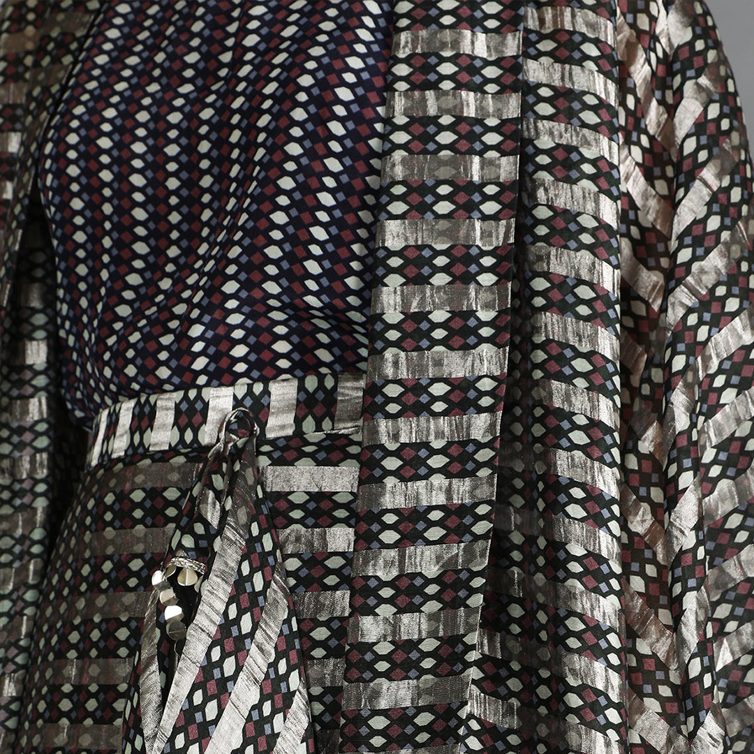 Black Jaali Print Chanderi Drape Skirt And Cape Paired With Turtle Neck Printed Top