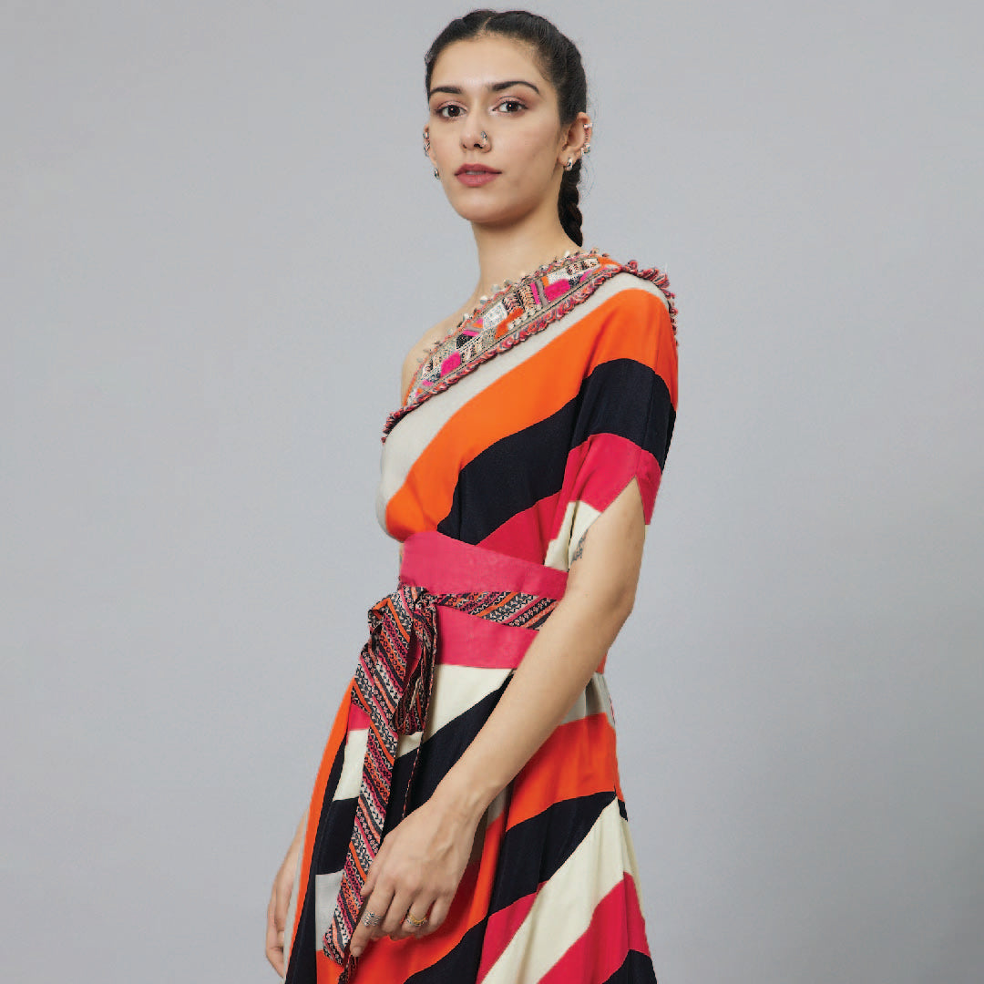 SHAHAR STRIPE PRINT ONE SHOULDER COWL DRESS