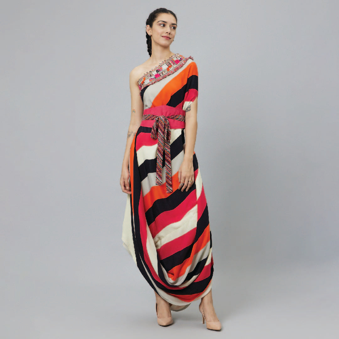 SHAHAR STRIPE PRINT ONE SHOULDER COWL DRESS