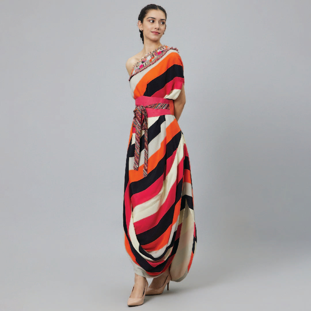 SHAHAR STRIPE PRINT ONE SHOULDER COWL DRESS
