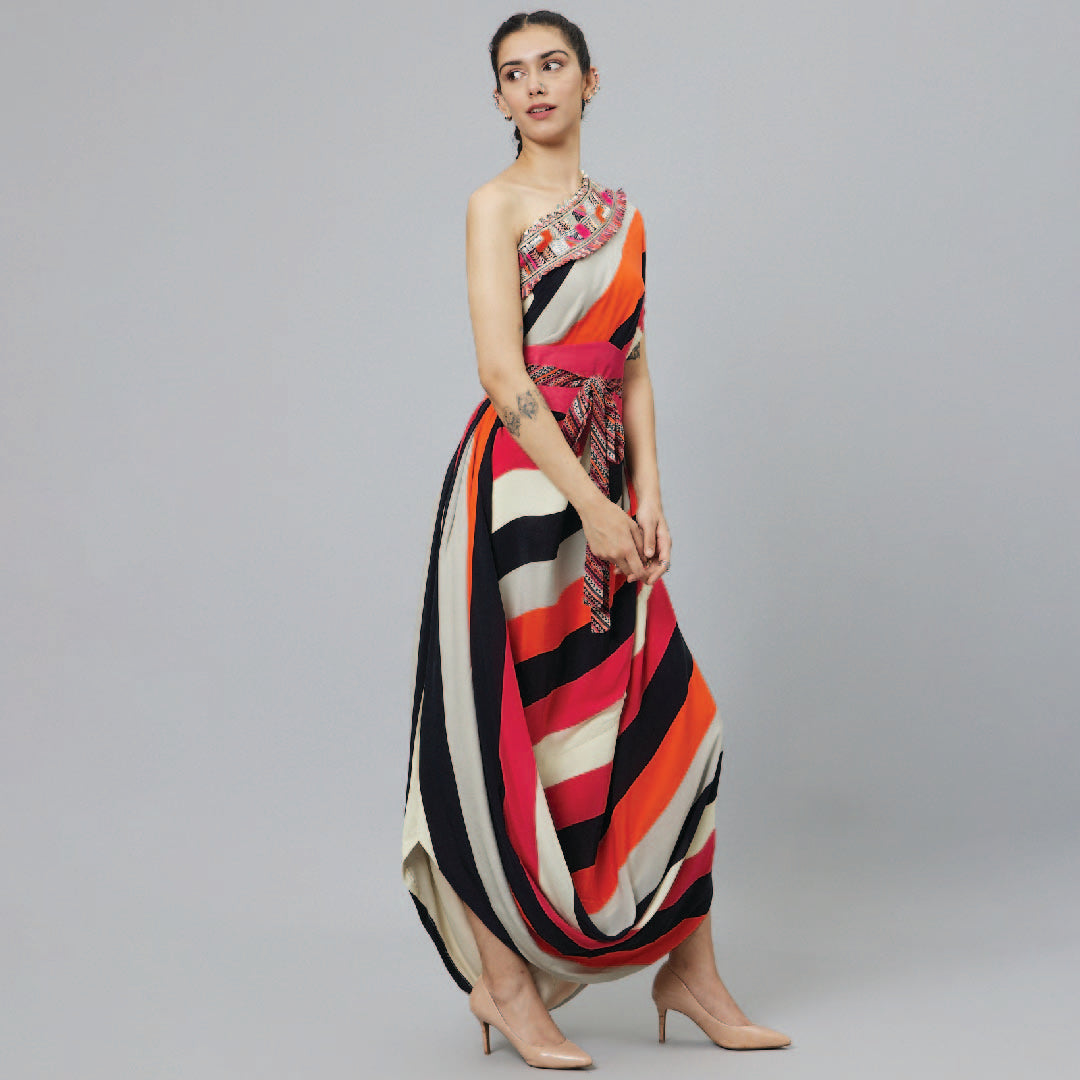 SHAHAR STRIPE PRINT ONE SHOULDER COWL DRESS