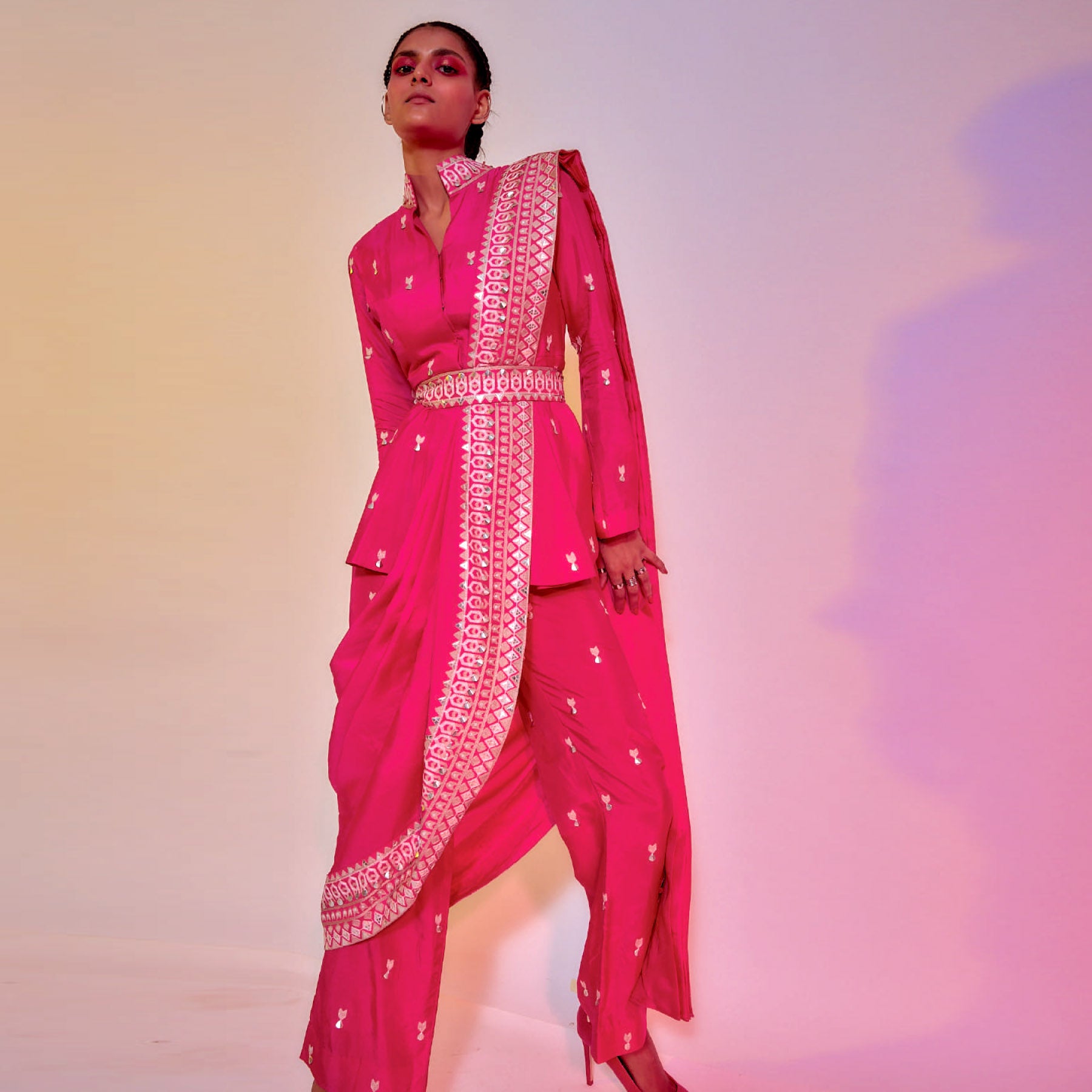 EMBELLISHED HOT PINK PEPLUM SET WITH AN ATTACHED DRAPE AND BELT