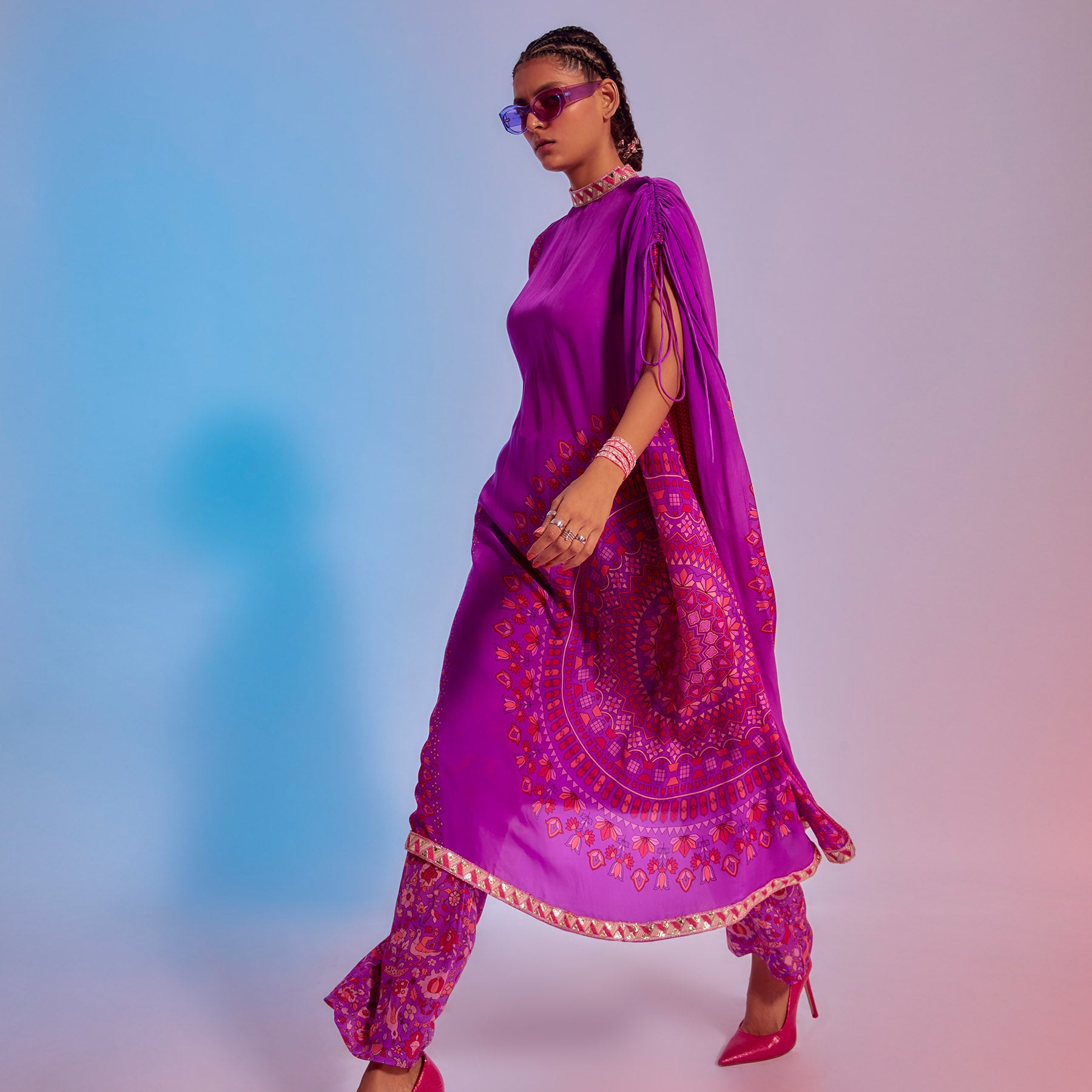 PURPLE RAVI PRINT KAFTAN TEAMED WITH PRINTED PANTS