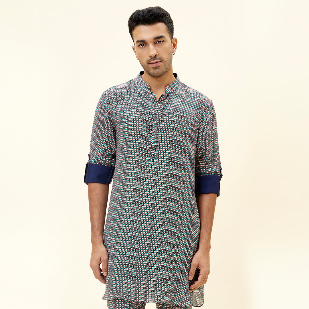 PINK BUTTI PRINT SHORT SHIRT STYLE KURTA WITH ROLLED UP SLEEVES