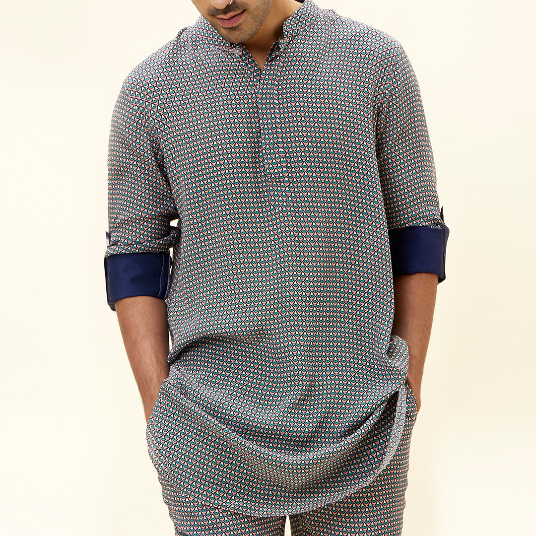 PINK BUTTI PRINT SHORT SHIRT STYLE KURTA WITH ROLLED UP SLEEVES WITH PANTS