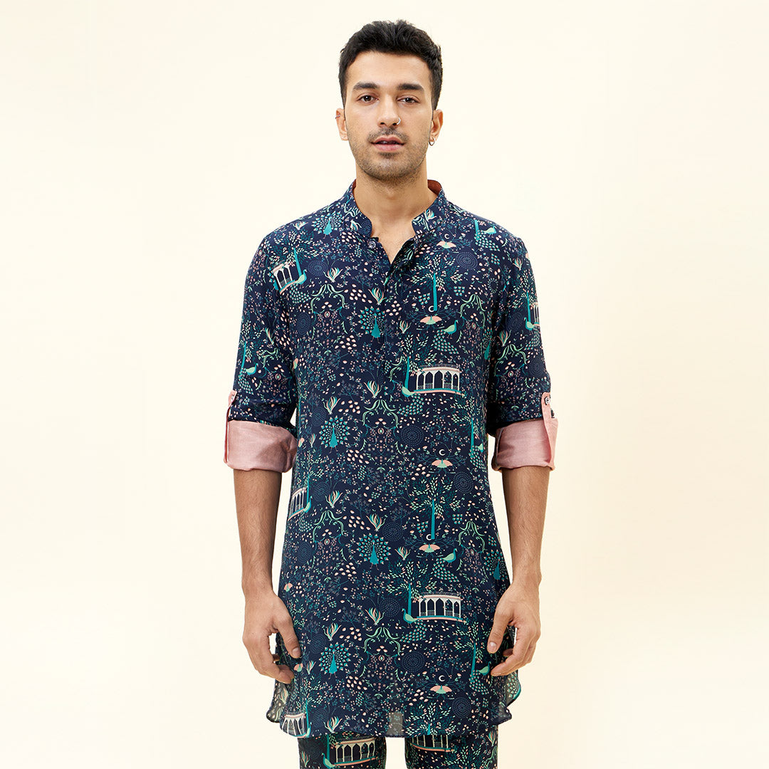 BLUE MOR JAAL PRINT SHORT SHIRT STYLE KURTA WITH ROLLED UP SLEEVES
