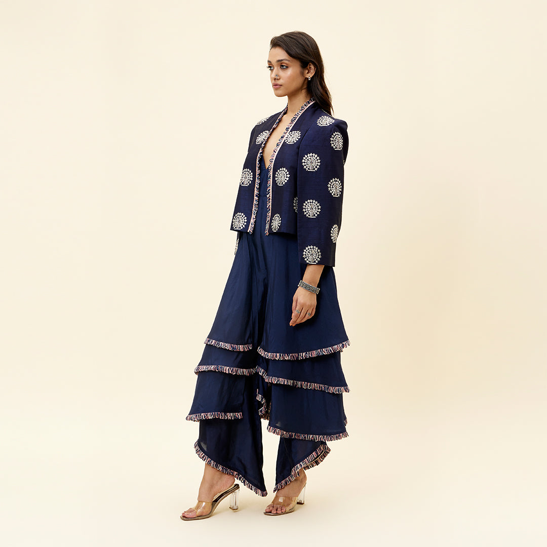 Blue peacock motif noor jacket with layered jumpsuit