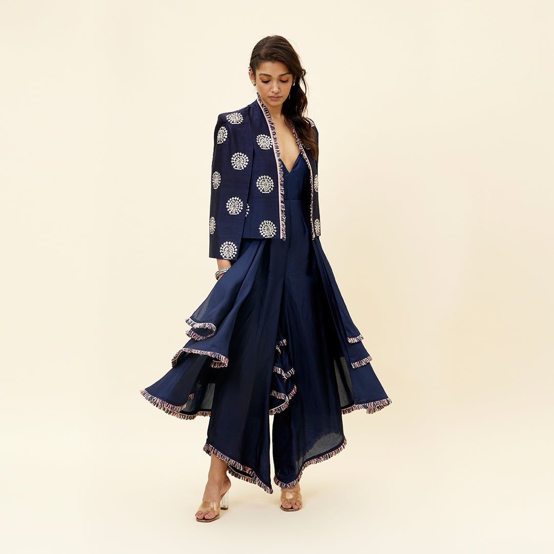 Blue peacock motif noor jacket with layered jumpsuit
