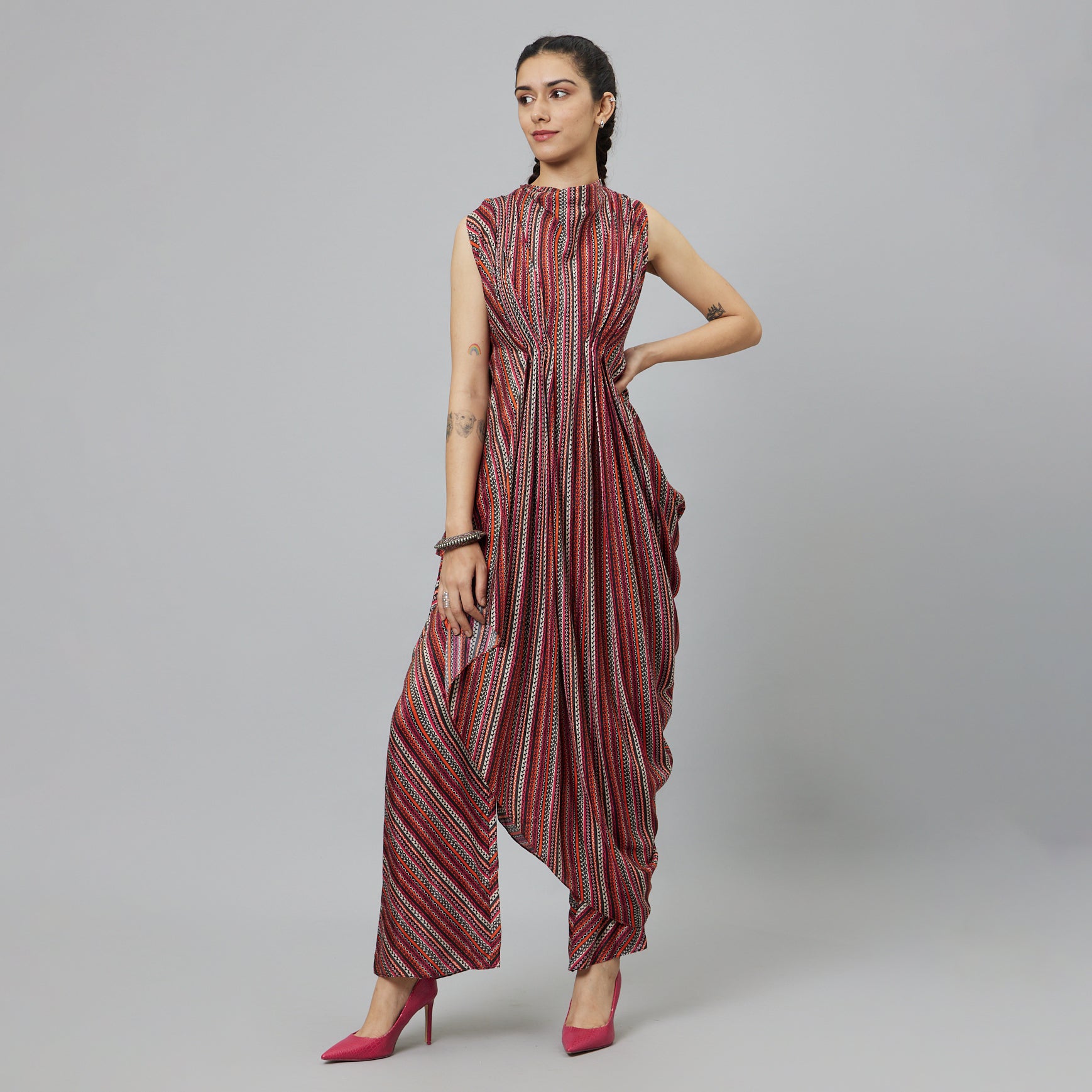 BOHEMIAN STRIPE PRINT CROP TOP WITH ATTACHED DRAPE WITH PANTS