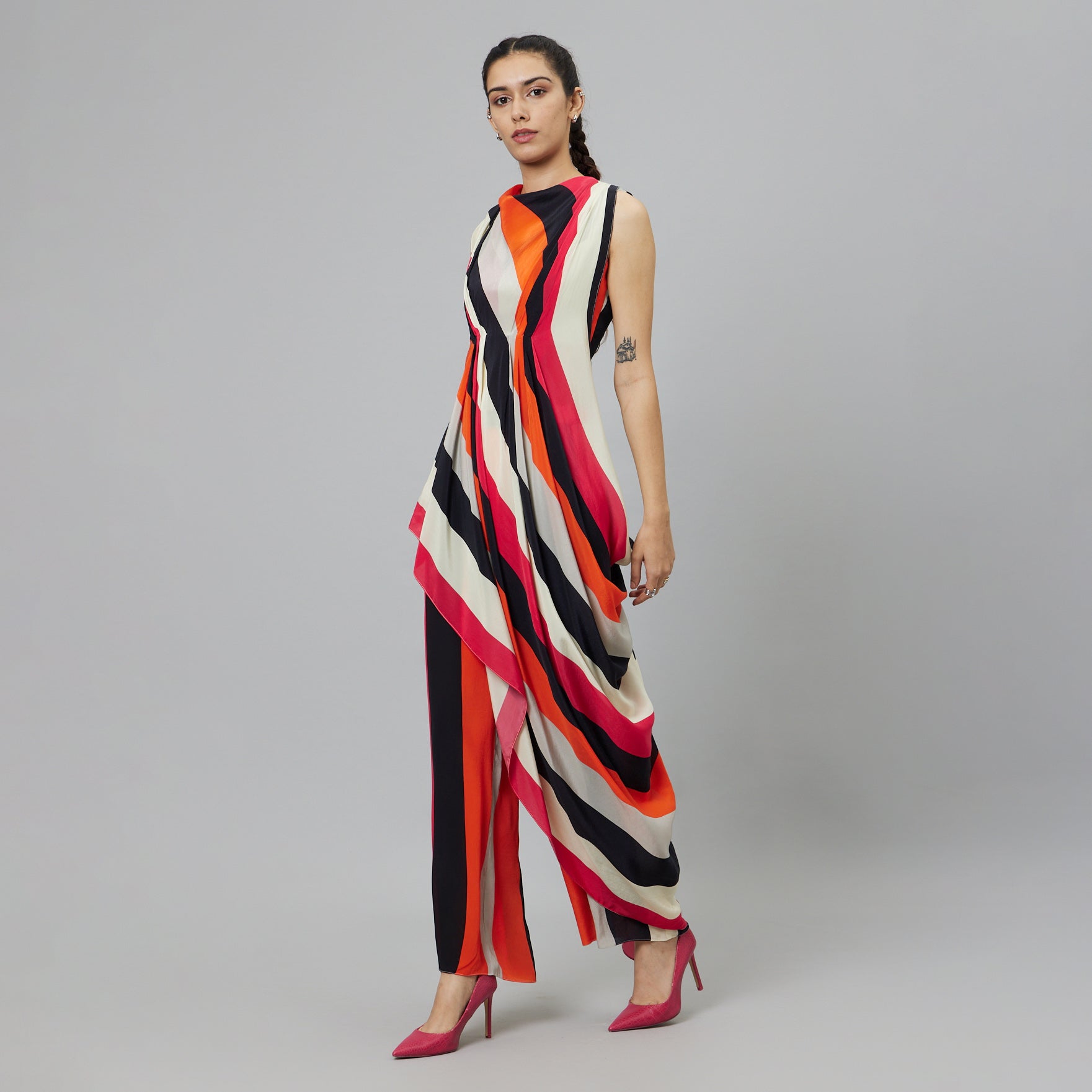 SHAHAR STRIPE PRINT CROP TOP WITH ATTACHED DRAPE WITH PANTS
