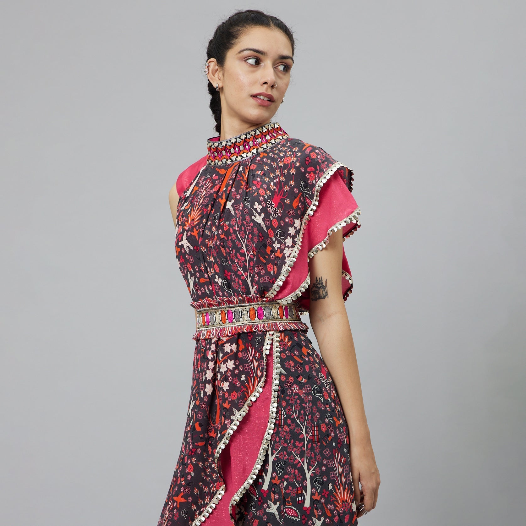 PINK CROP TOP WITH CONCRETE JUNGLE PRINT DRAPE AND PINK SOLID PLAIN SILK DRAPE WITH CONCRETE JUNGLE SHARARA PANTS