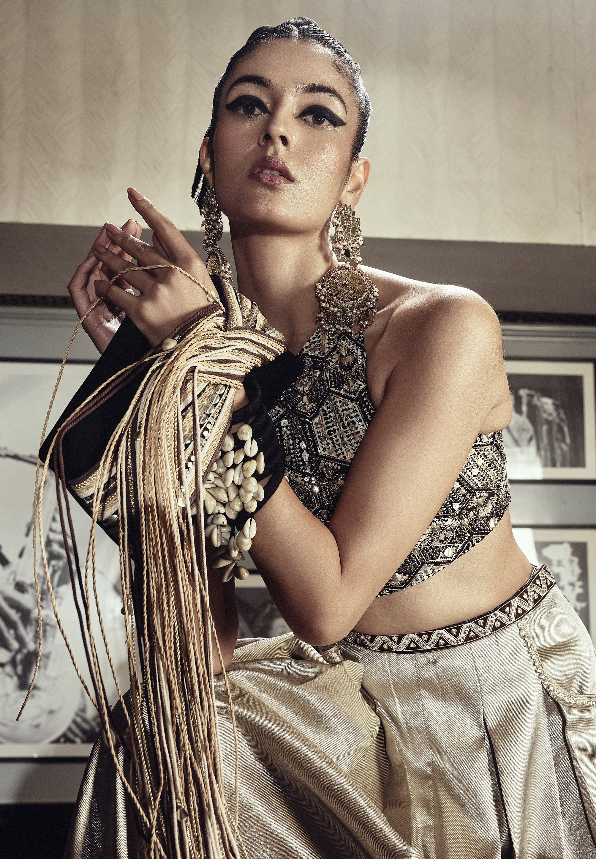 TARA STUDDED HALTER BLOUSE WITH METALLIC PLEATED PANTS