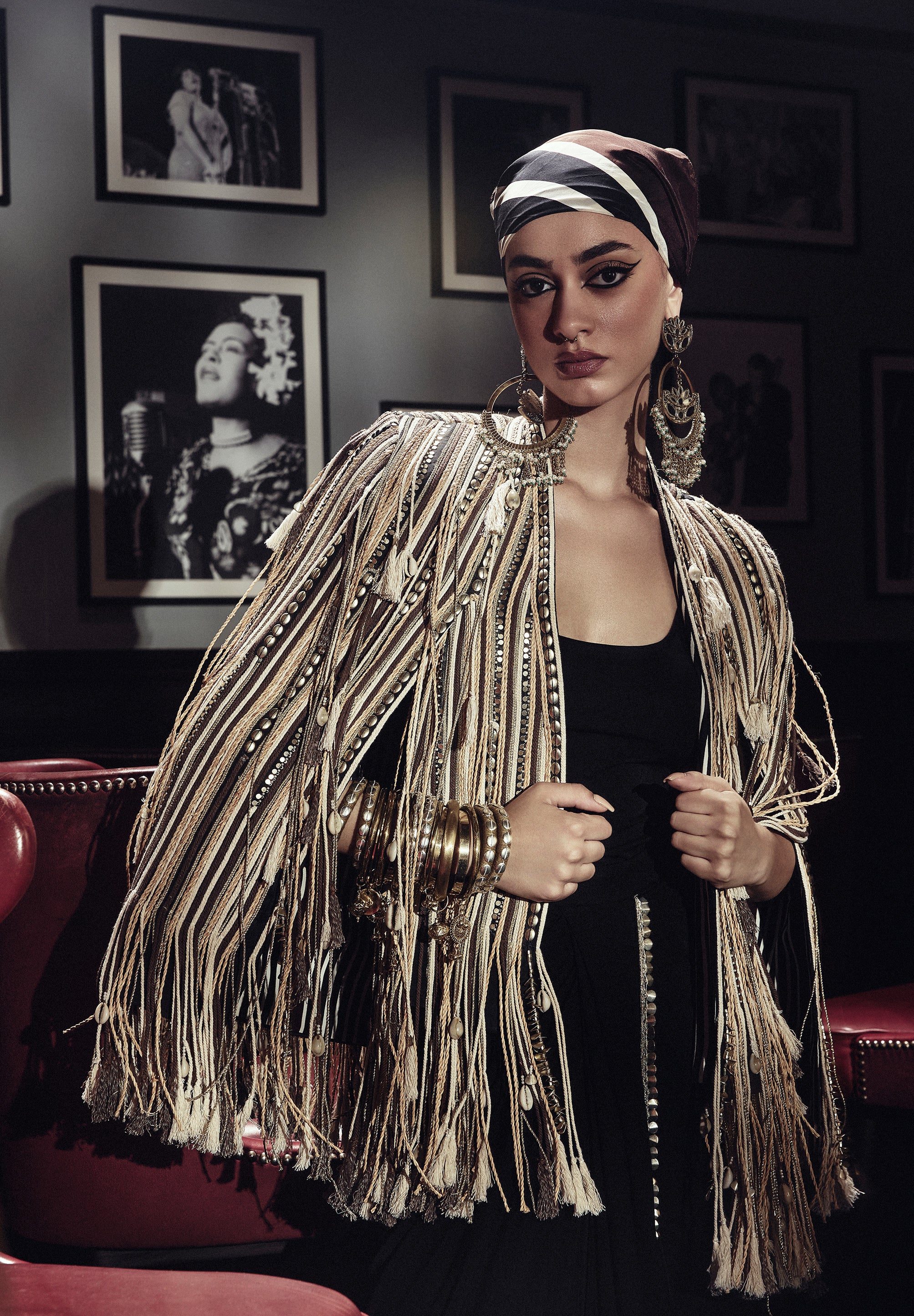 ZOYA FRINGES CAPE JACKET WITH BODYSUIT AND DRAPE SKIRT