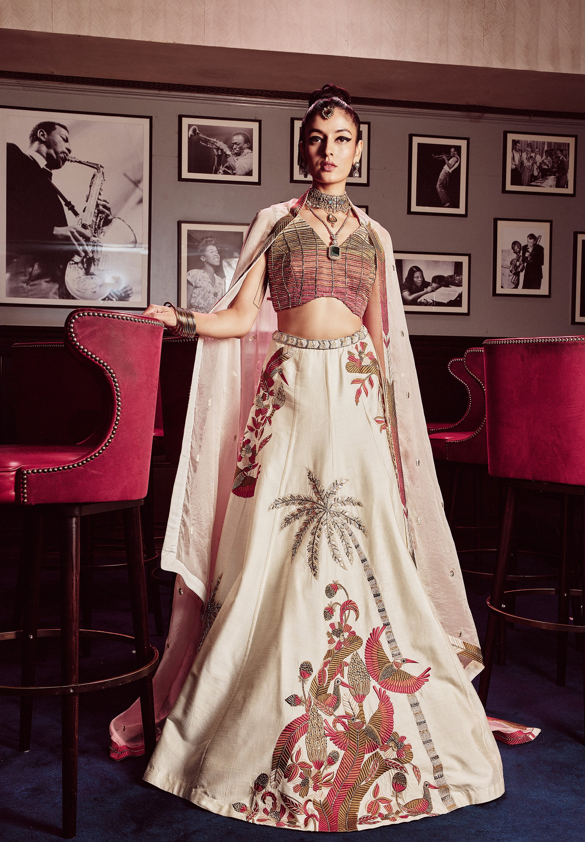 IRA EMBELLISHED BUSTIER WITH TROPICAL LEHENGA AND DUPATTA