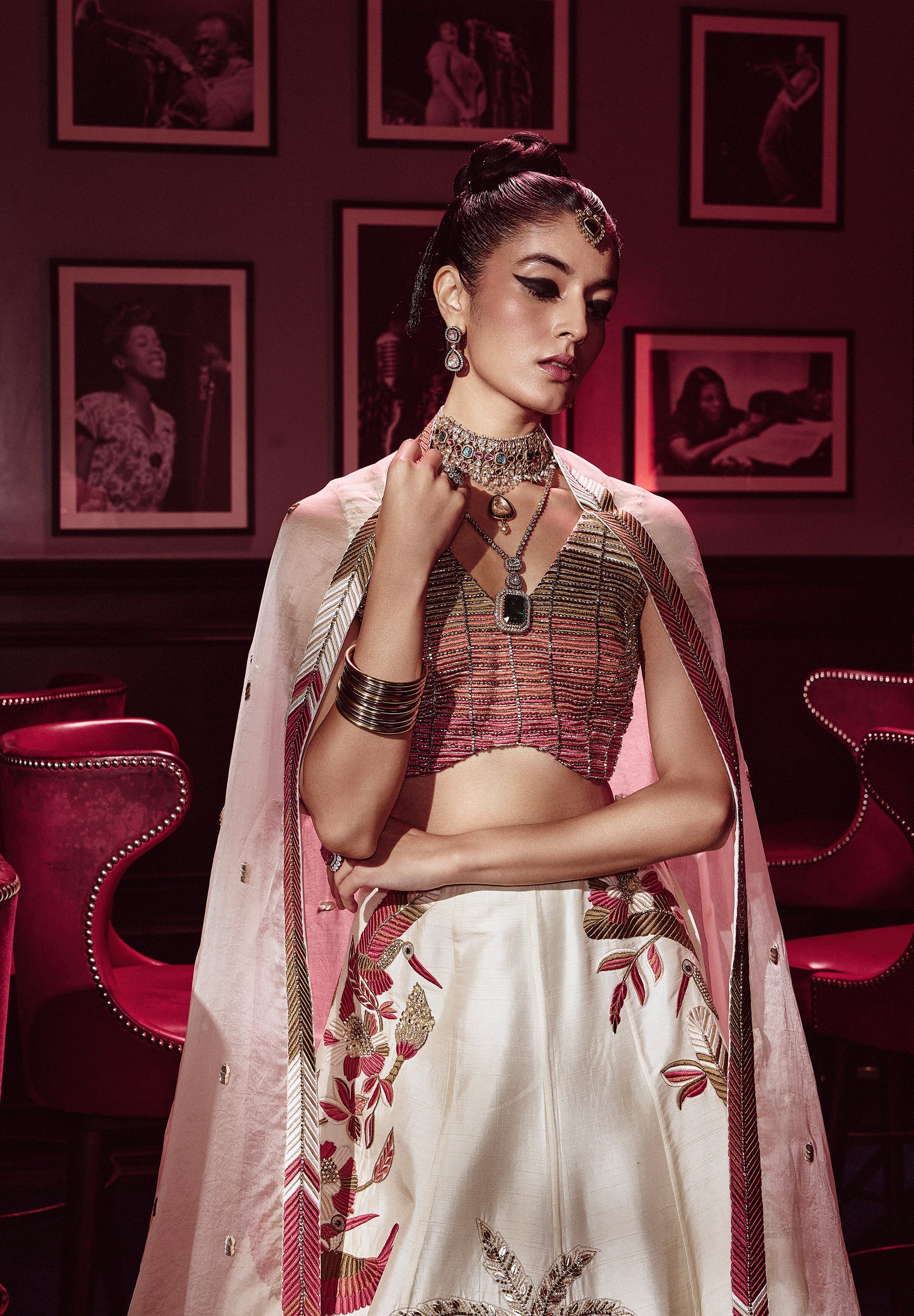 IRA EMBELLISHED BUSTIER WITH TROPICAL LEHENGA AND DUPATTA