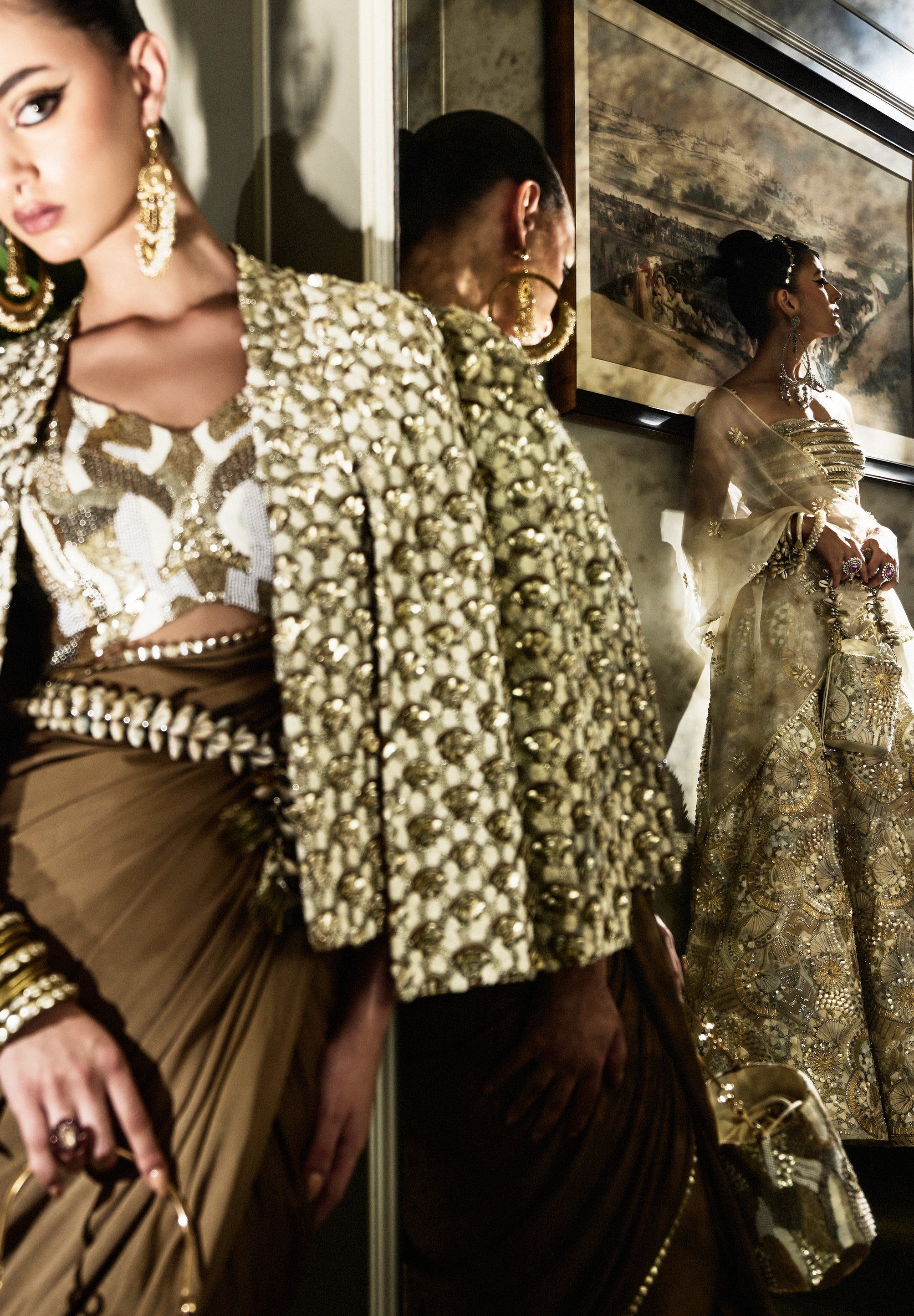 NIRA BRONZED GOLD SAREE SET WITH BLOUSE AND EMBELLISHED CAPE JACKET