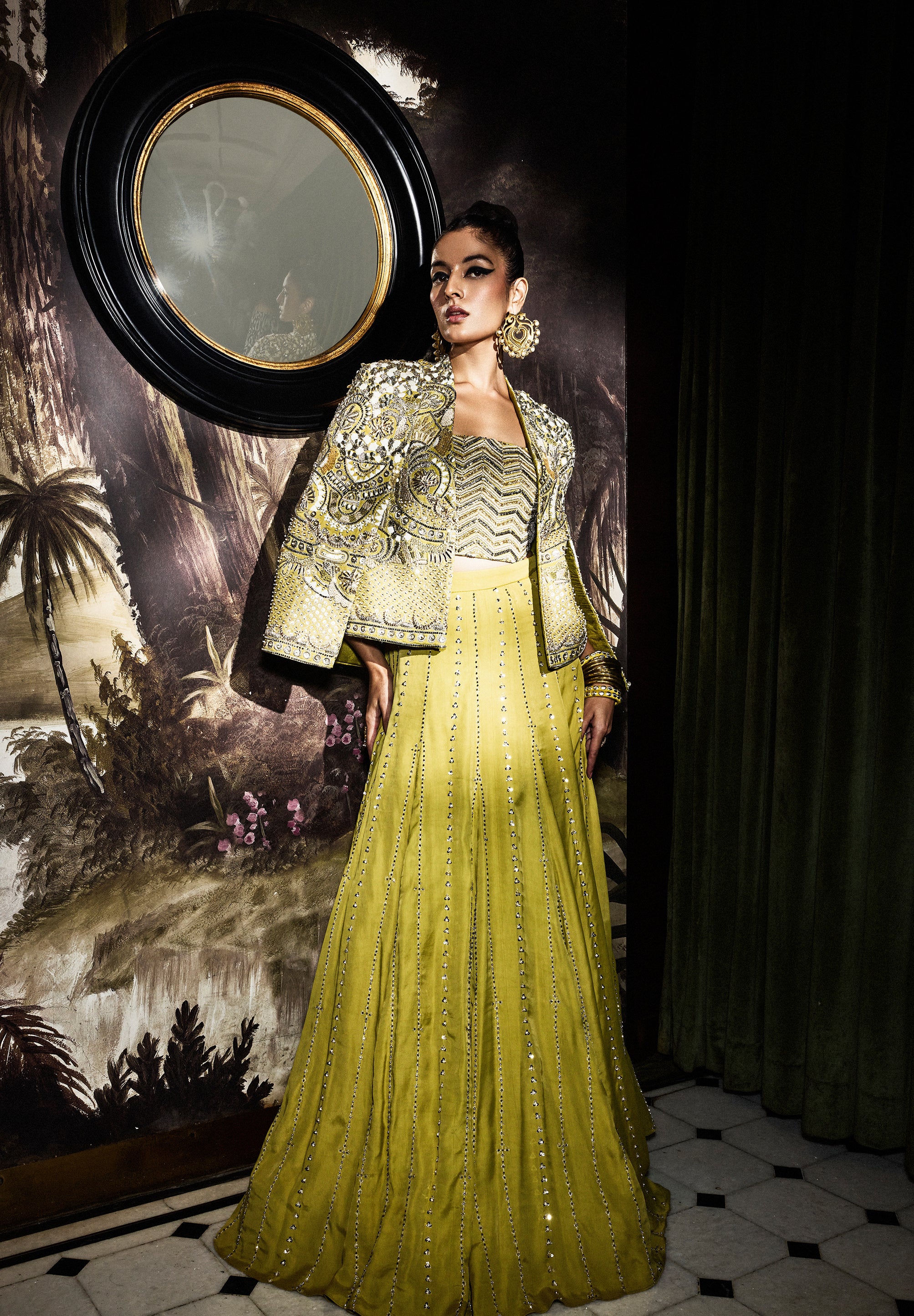 LUMA LIME GREEN EMBELLISHED CORSET WITH LEHENGA AND CAPE JACKET