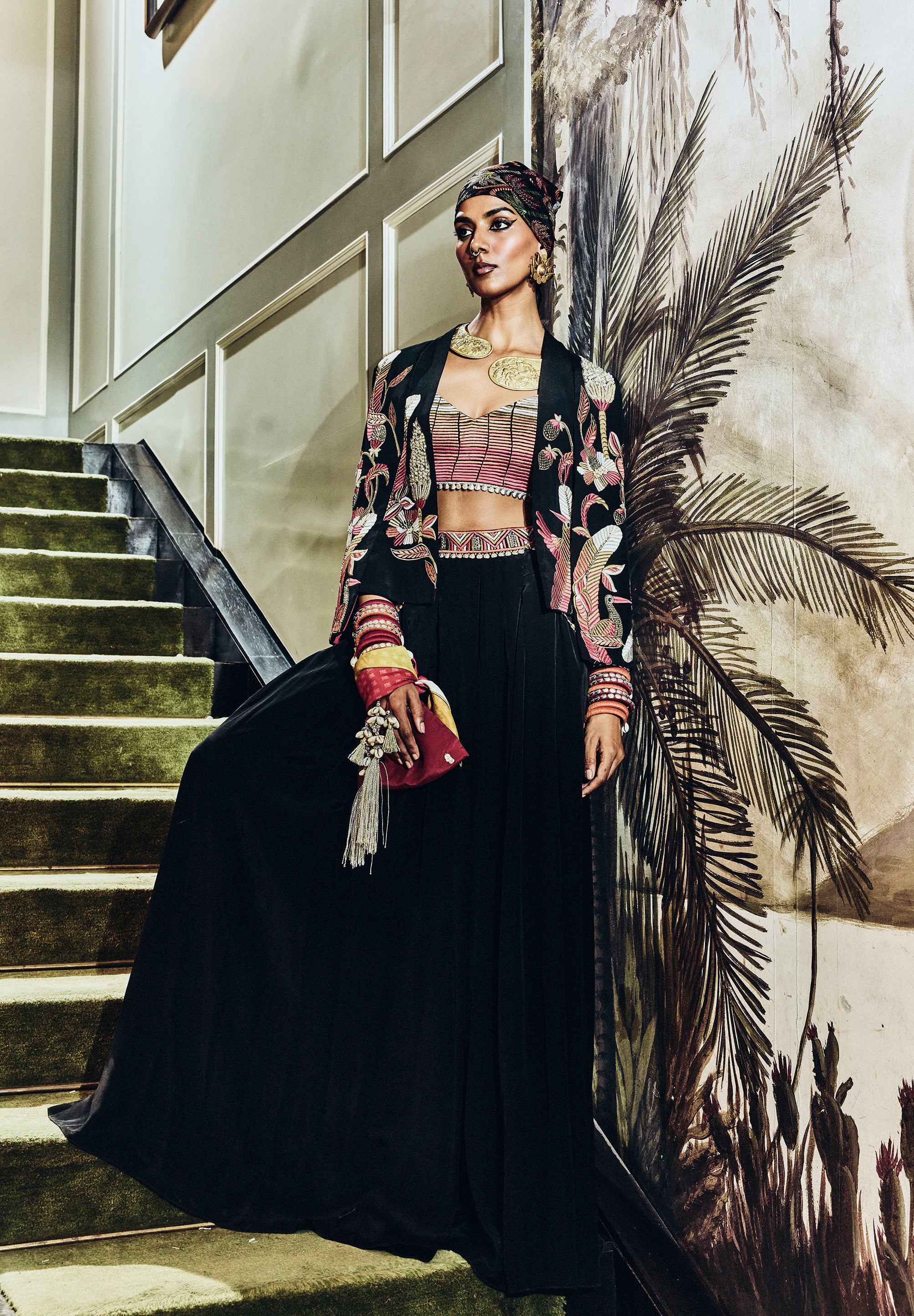 MEHER TROPICAL CAPE JACKET WITH OMBRE BUSTIER AND PLEATED PANTS