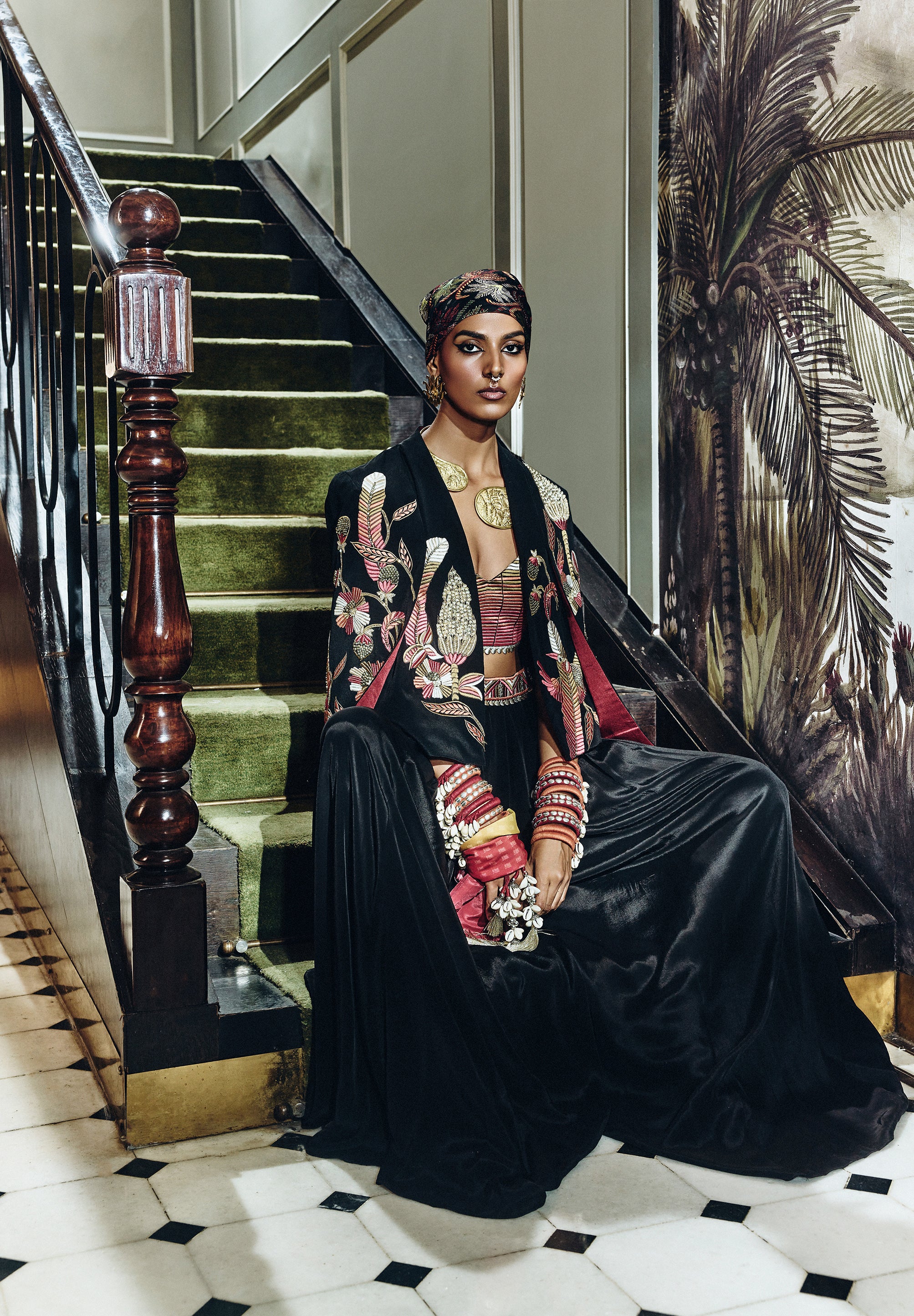 MEHER TROPICAL CAPE JACKET WITH OMBRE BUSTIER AND PLEATED PANTS