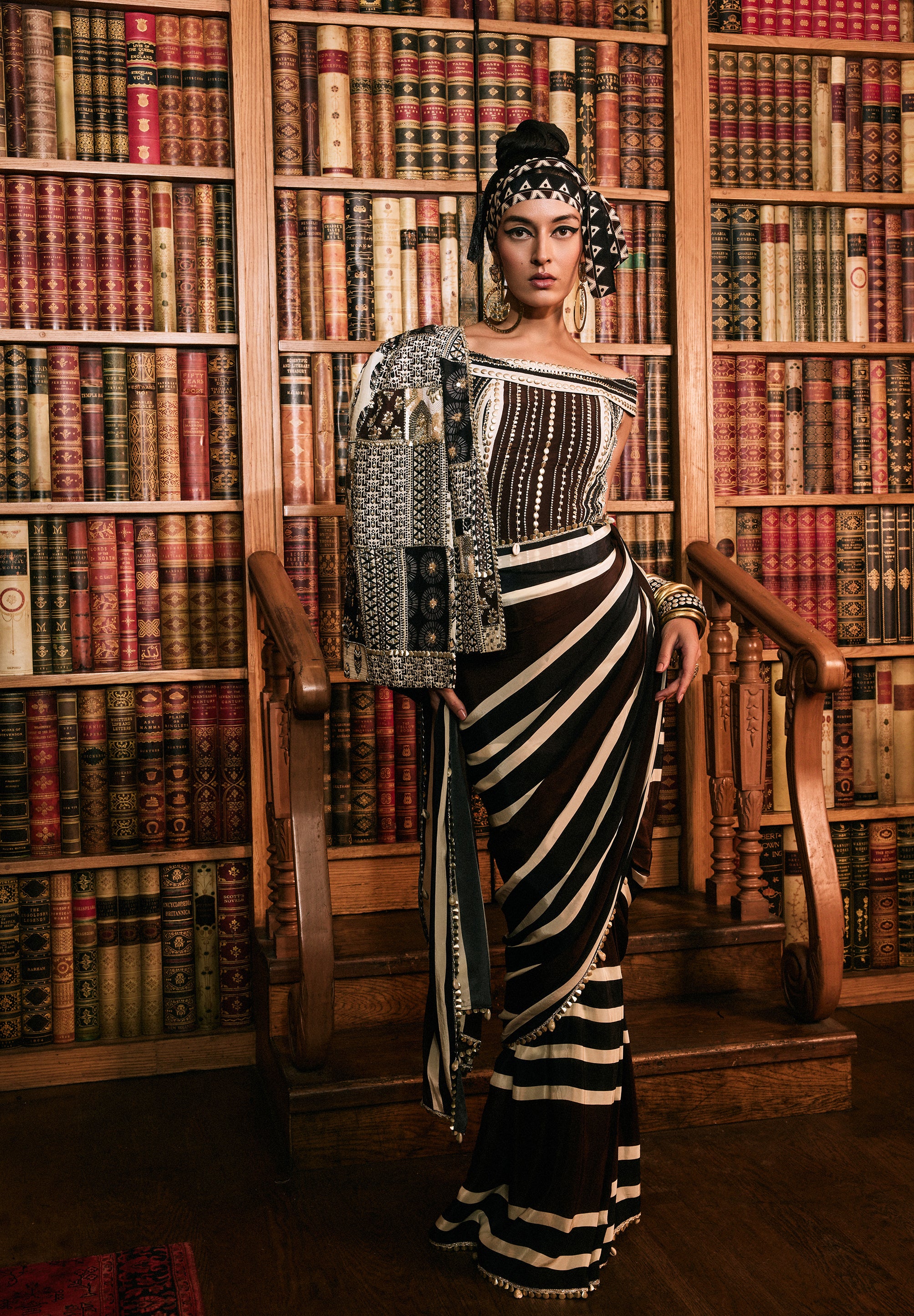 ZARIKA STRIPE SAREE SET WITH STUDDED CORSET AND  CAPE JACKET