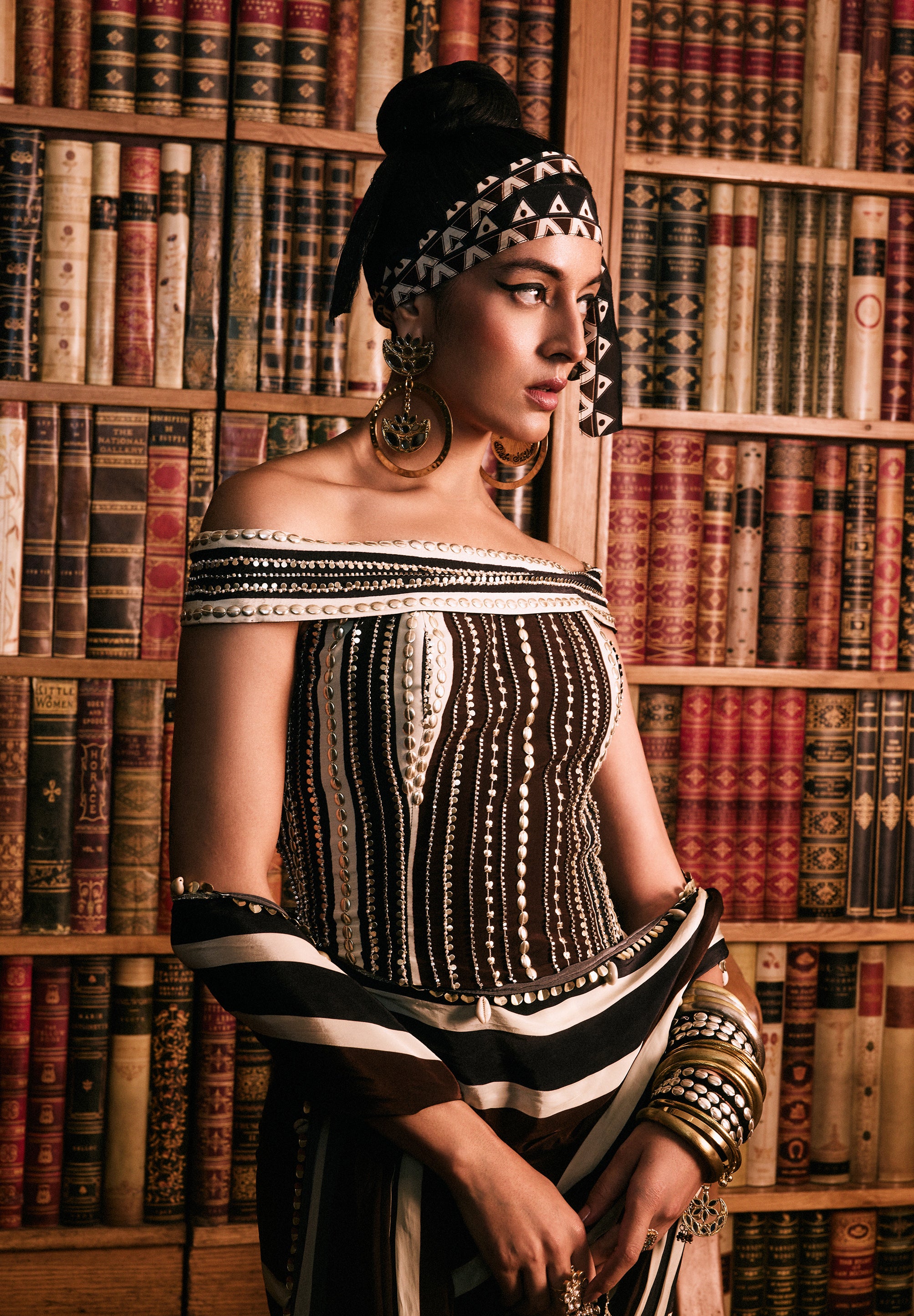ZARIKA STRIPE SAREE SET WITH STUDDED CORSET AND  CAPE JACKET