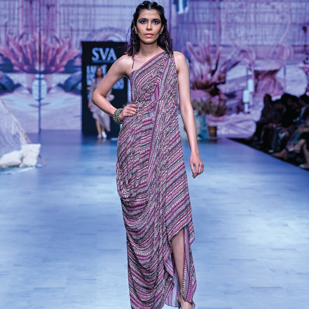 MERLOT BOHO STRIPE PRINT EMBELLISHED SAREE GOWN