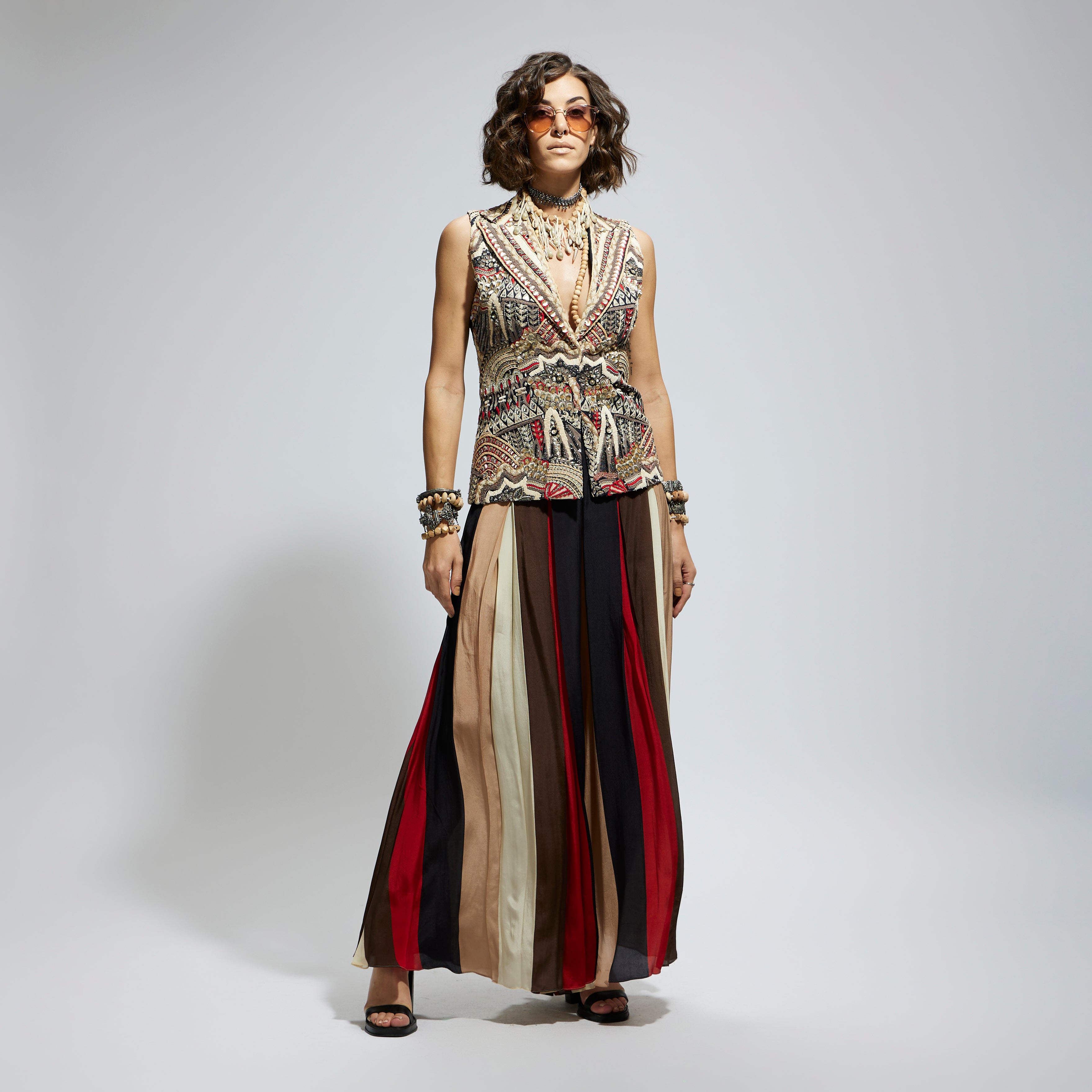 BLUE ABSTRACT EMBELLISHED JACKET PAIRED WITH SAMSARA STRIPE FLARED PANTS