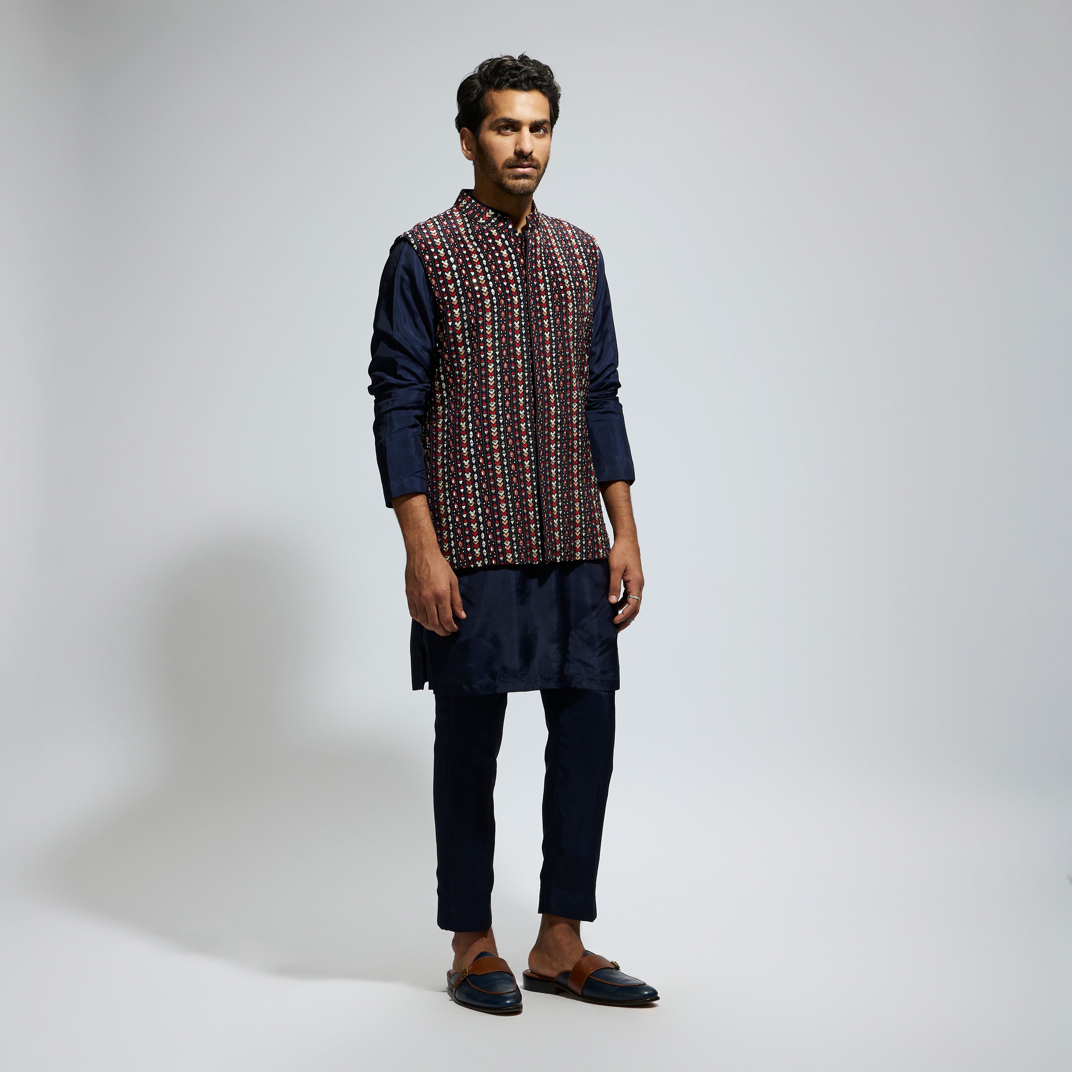 SAMSARA: BLUE BOHO GEO EMBELLISHED BUNDI PAIRED WITH SOLID BLUE KURTA AND PANTS