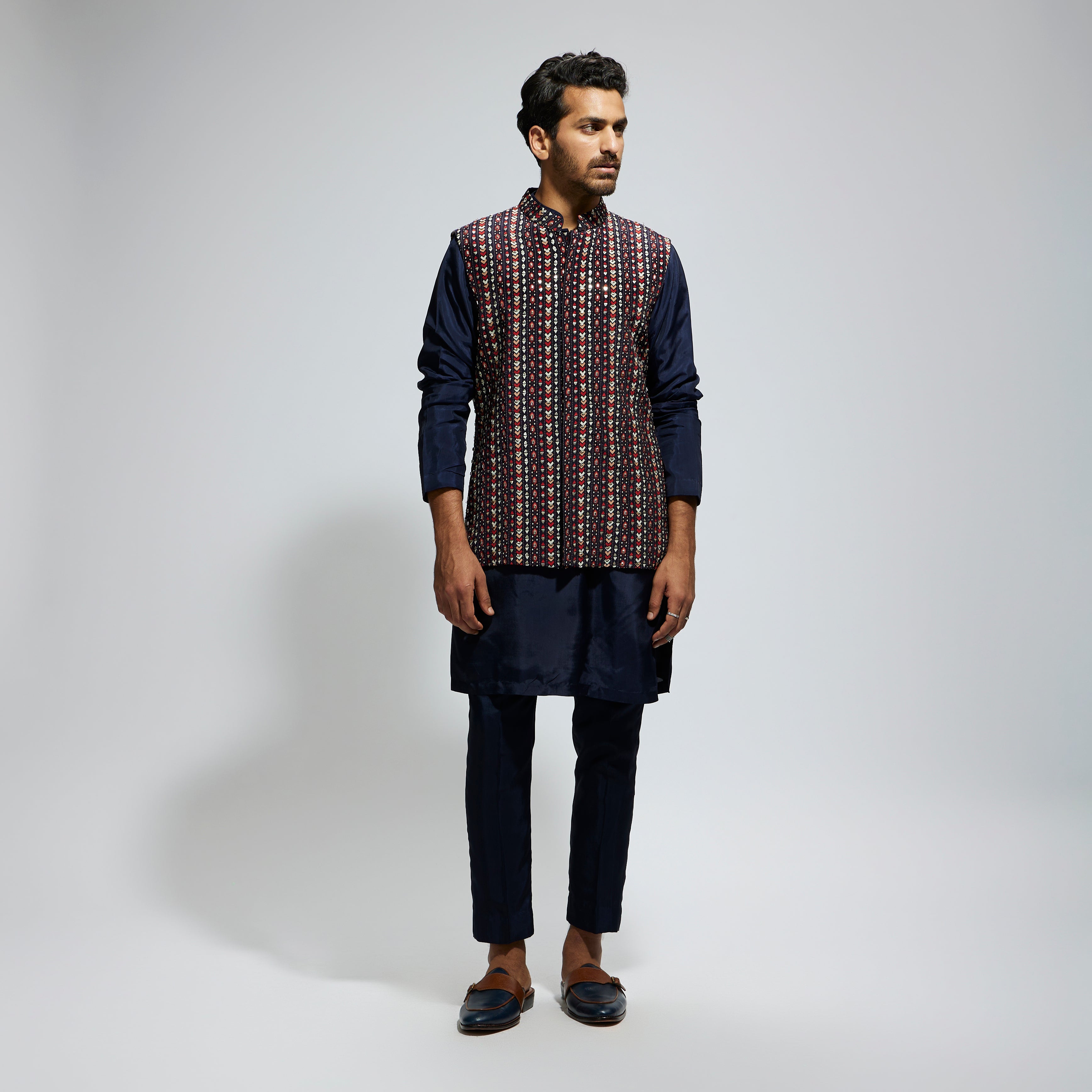 SAMSARA: BLUE BOHO GEO EMBELLISHED BUNDI PAIRED WITH SOLID BLUE KURTA AND PANTS