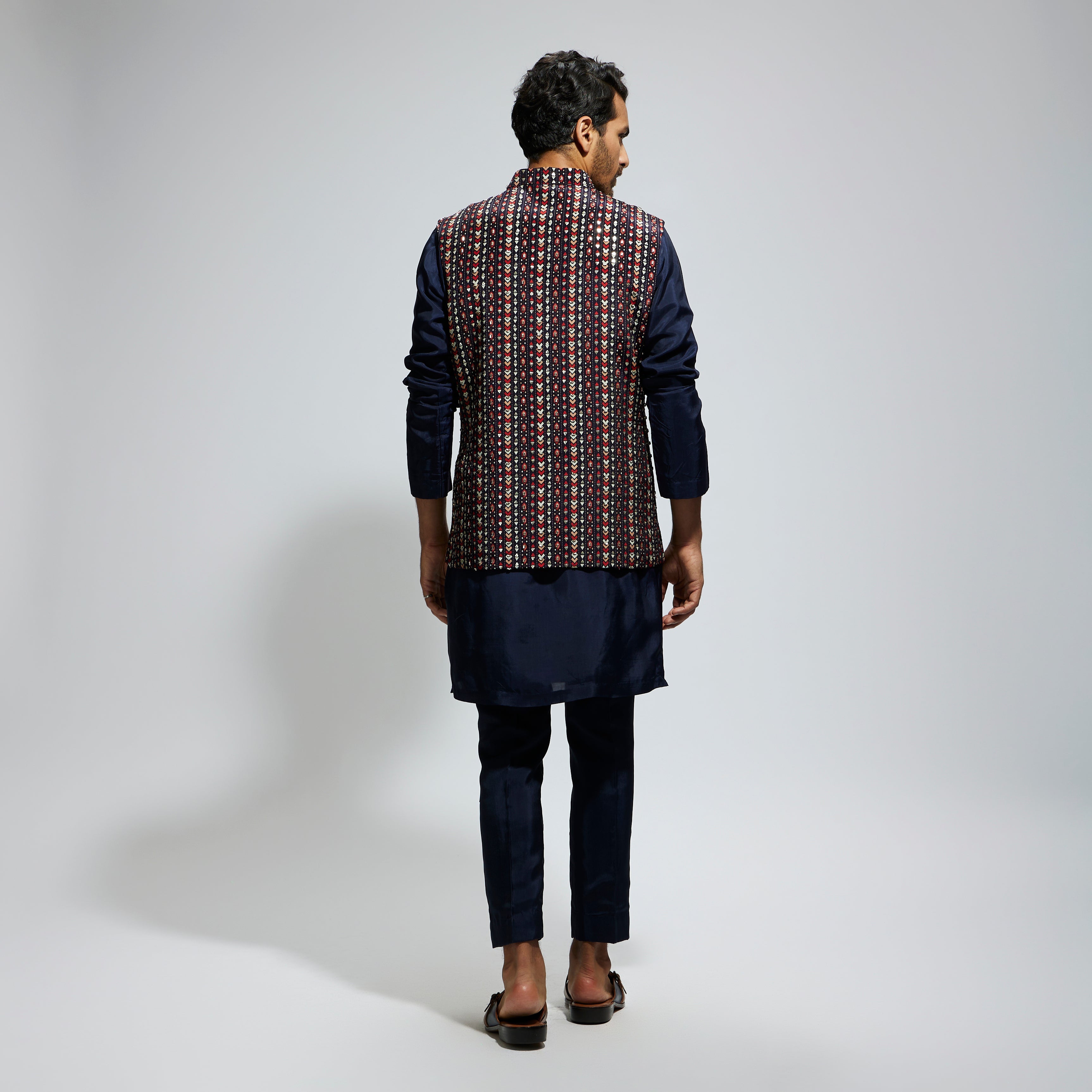 SAMSARA: BLUE BOHO GEO EMBELLISHED BUNDI PAIRED WITH SOLID BLUE KURTA AND PANTS