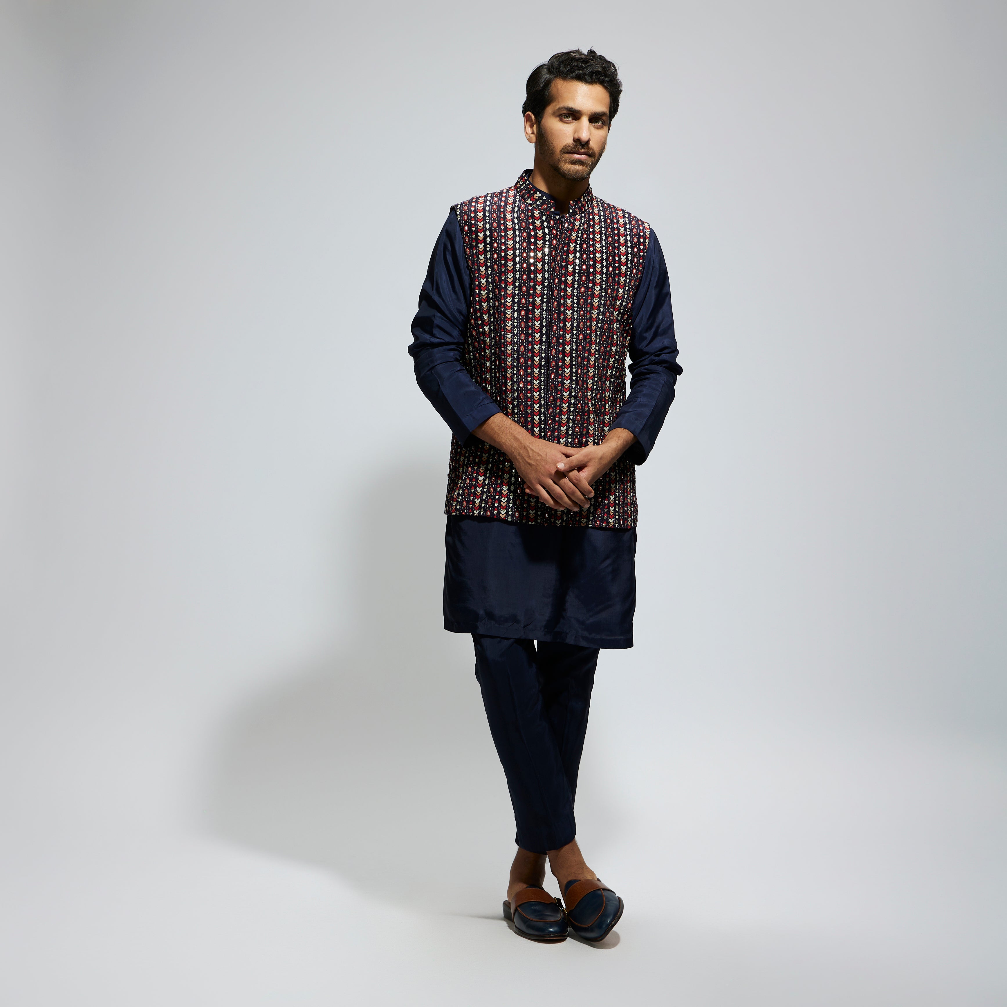 SAMSARA: BLUE BOHO GEO EMBELLISHED BUNDI PAIRED WITH SOLID BLUE KURTA AND PANTS