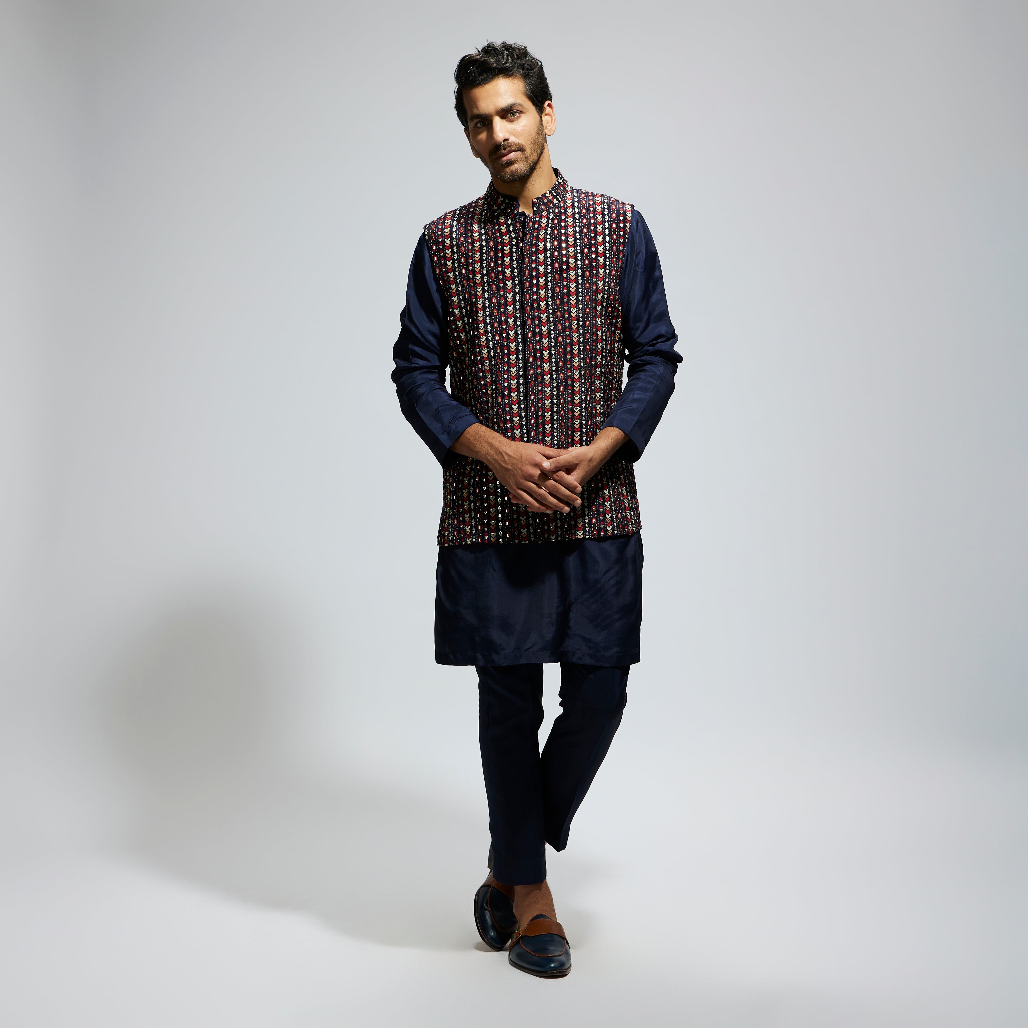 SAMSARA: BLUE BOHO GEO EMBELLISHED BUNDI PAIRED WITH SOLID BLUE KURTA AND PANTS