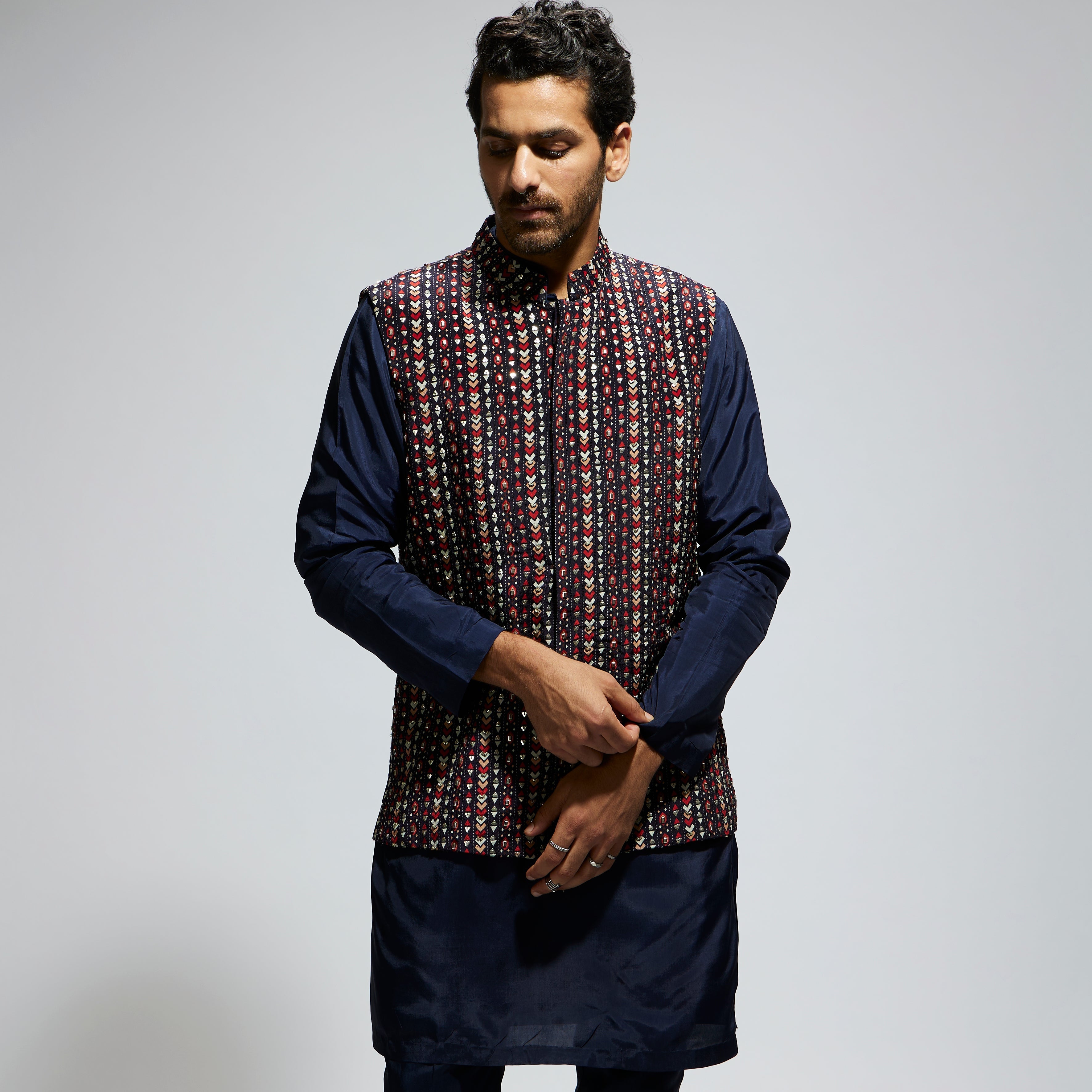 SAMSARA: BLUE BOHO GEO EMBELLISHED BUNDI PAIRED WITH SOLID BLUE KURTA AND PANTS