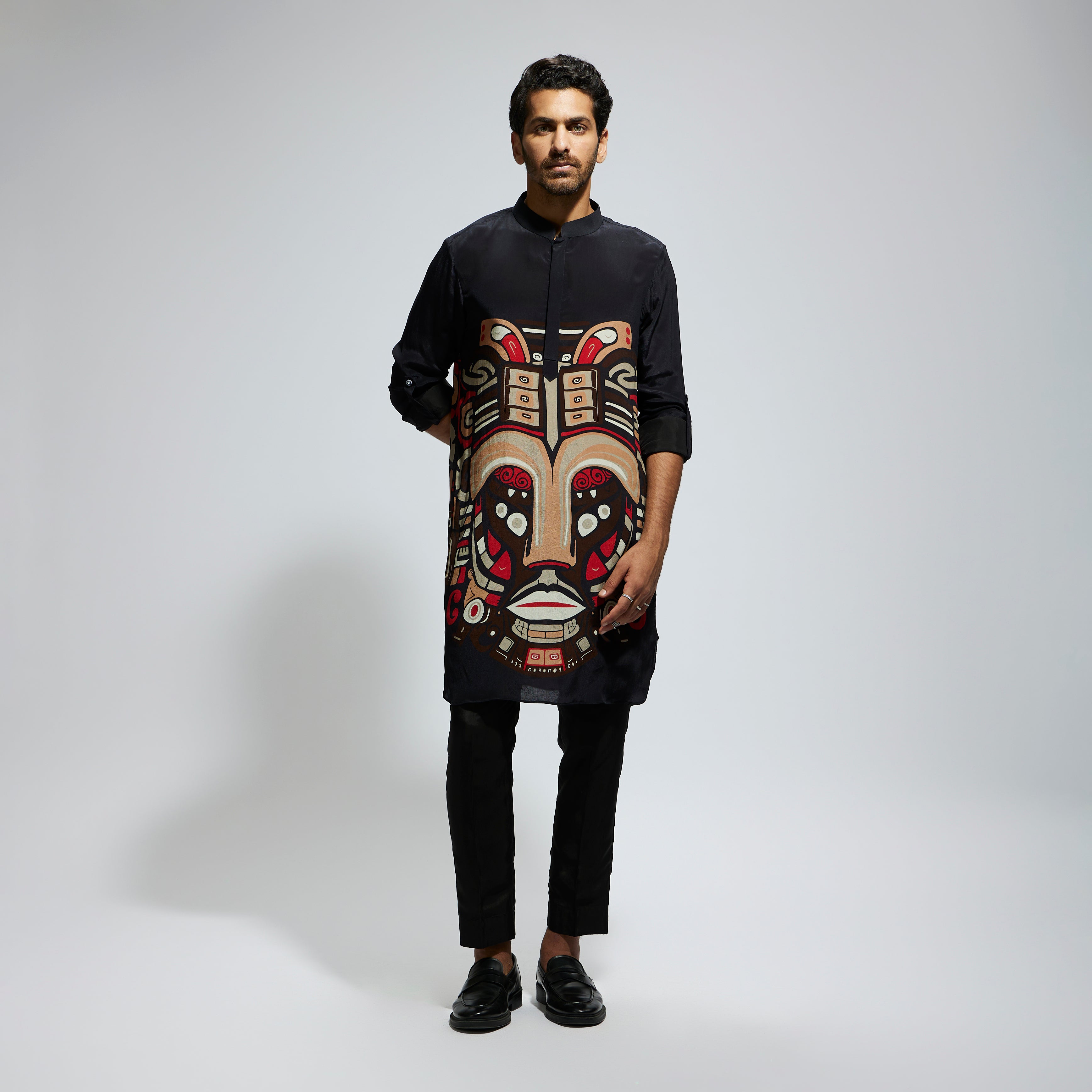 SAMSARA: BLACK MASK PRINT ROLLED UP SLEEVES KURTA