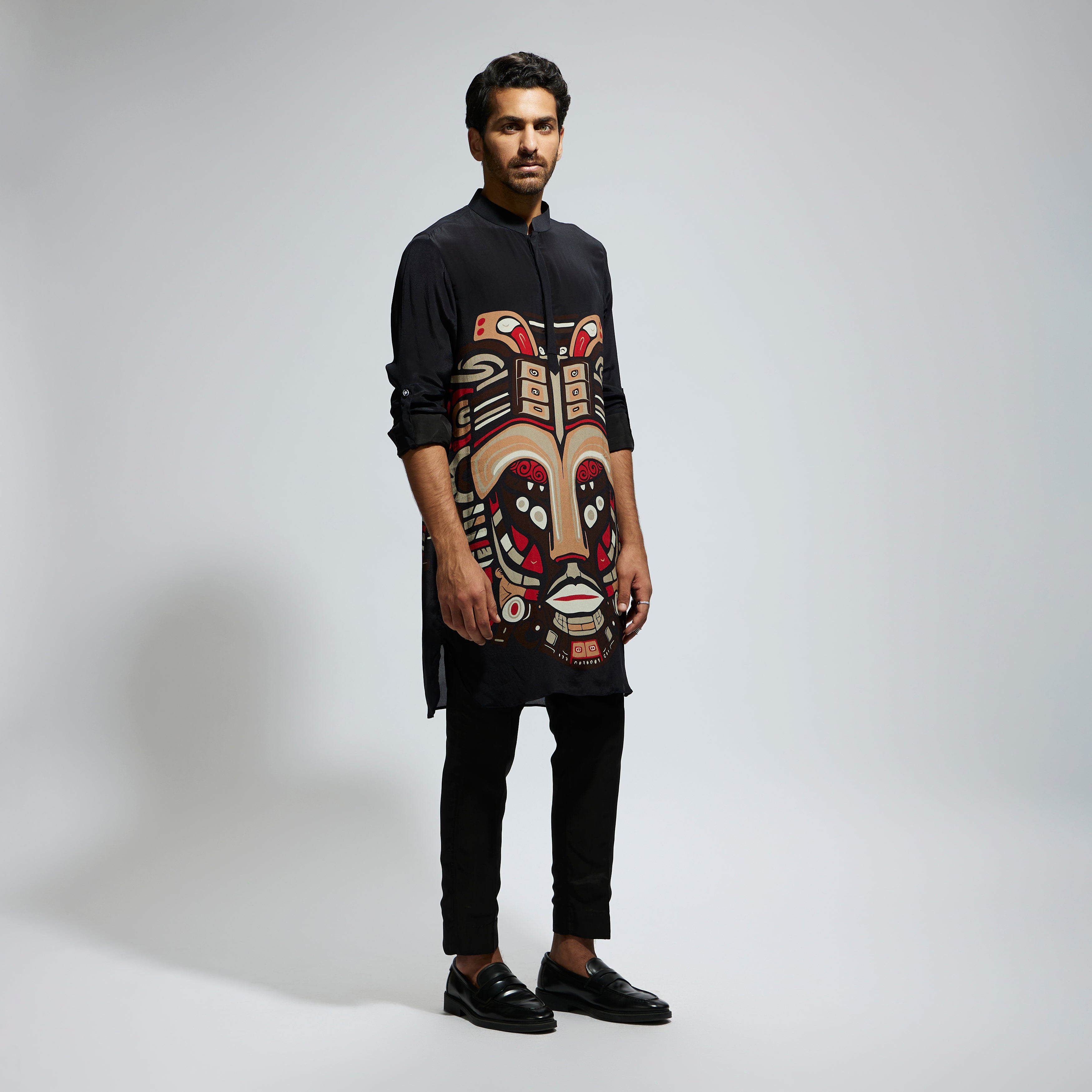 SAMSARA: BLACK MASK PRINT ROLLED UP SLEEVES KURTA