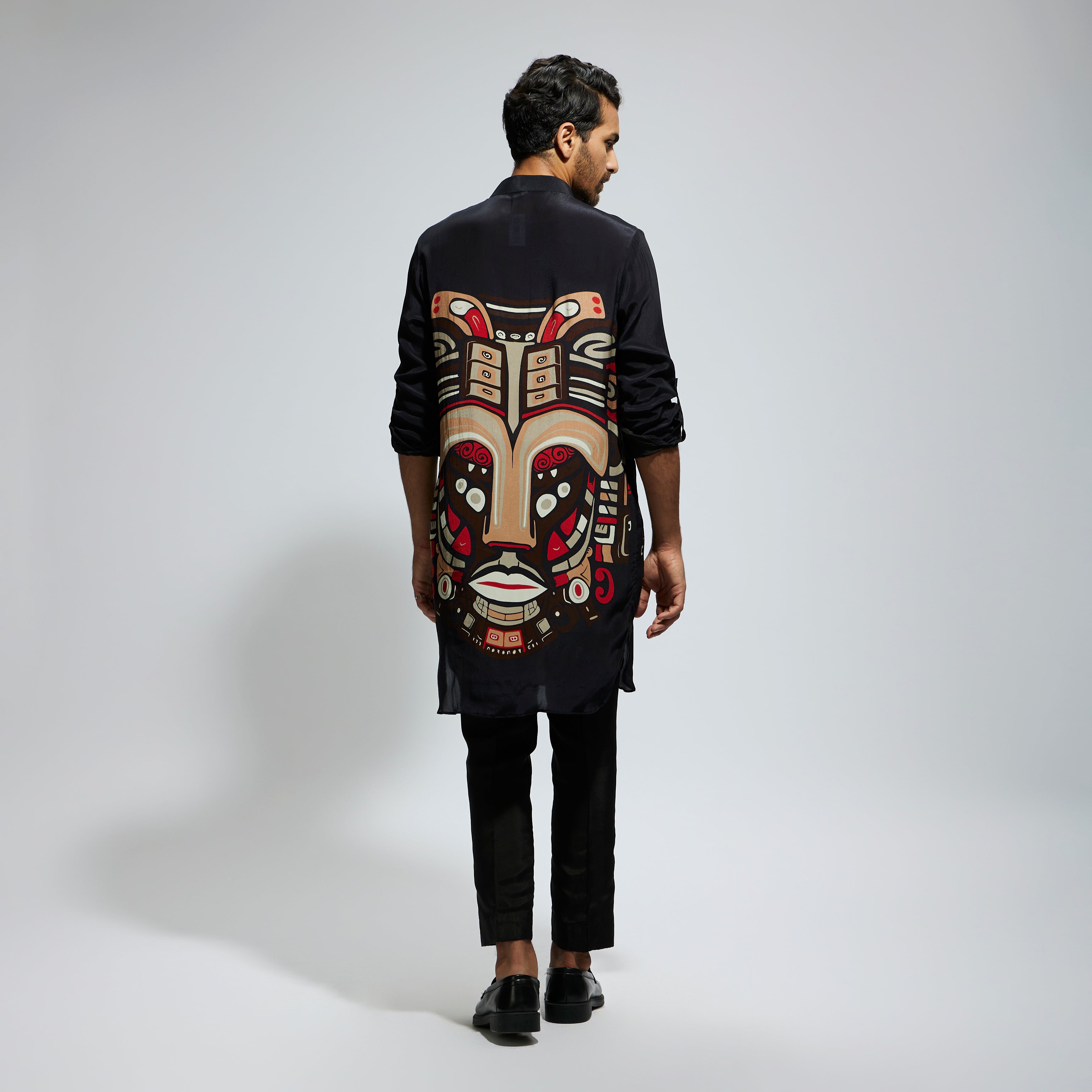 SAMSARA: BLACK MASK PRINT ROLLED UP SLEEVES KURTA