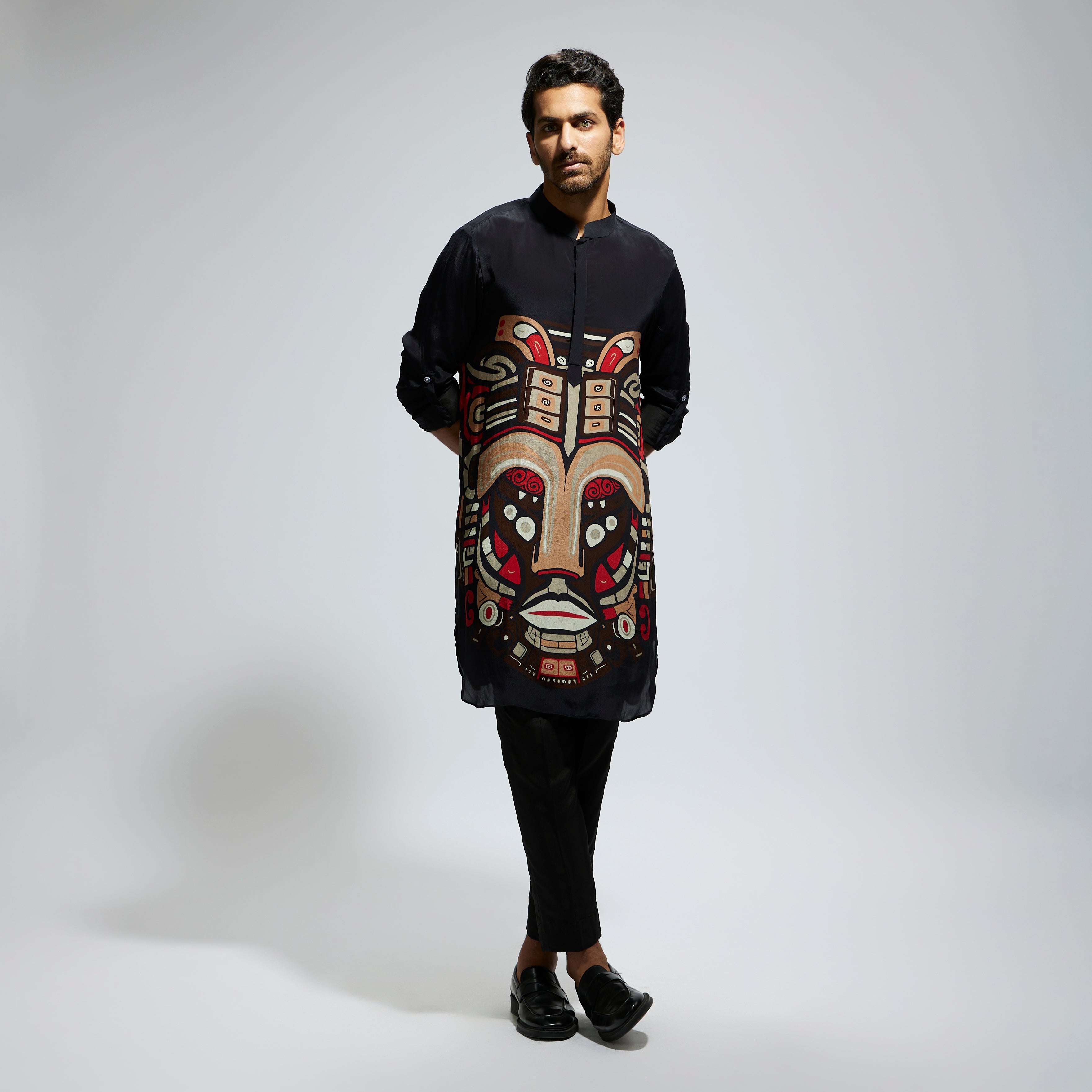 SAMSARA: BLACK MASK PRINT ROLLED UP SLEEVES KURTA