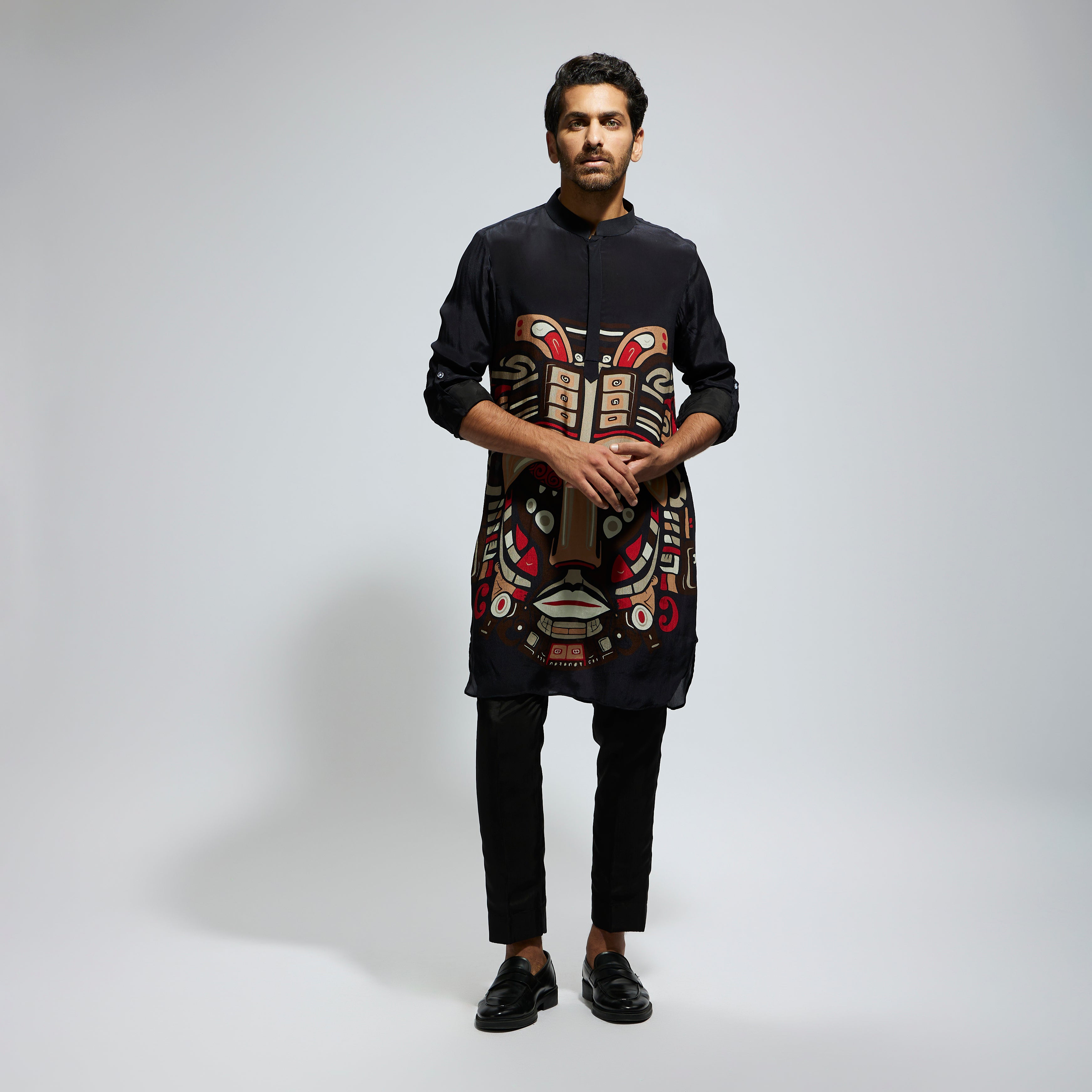 SAMSARA: BLACK MASK PRINT ROLLED UP SLEEVES KURTA